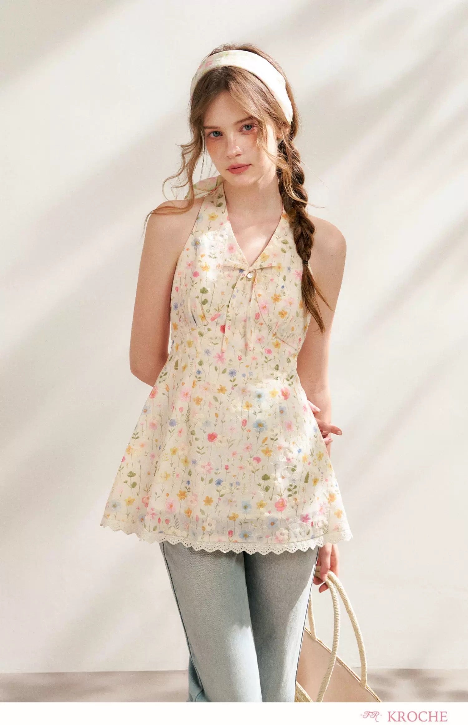 Kroche Floral embroidered printed strap top