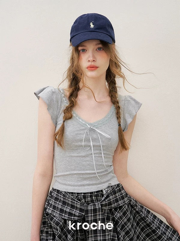 Kroche Bow tie lace patchwork T-shirt