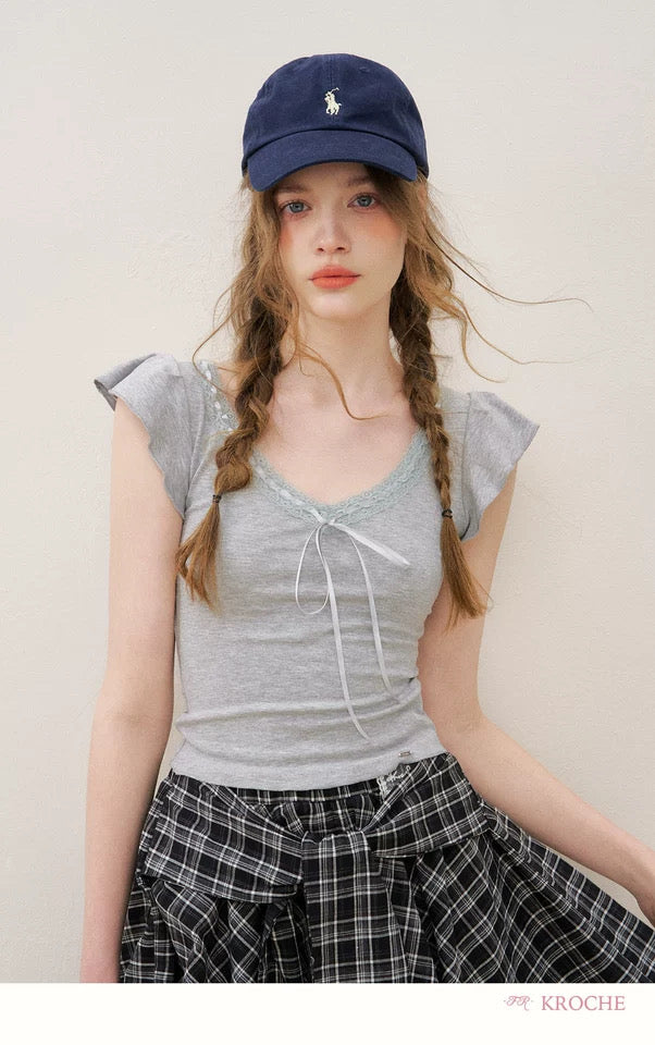 Kroche Bow tie lace patchwork T-shirt