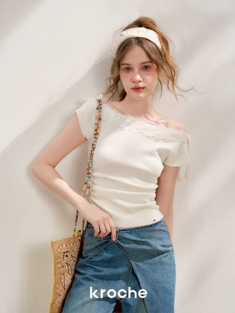 Kroche Lace patchwork pleated knitted short sleeved shirt