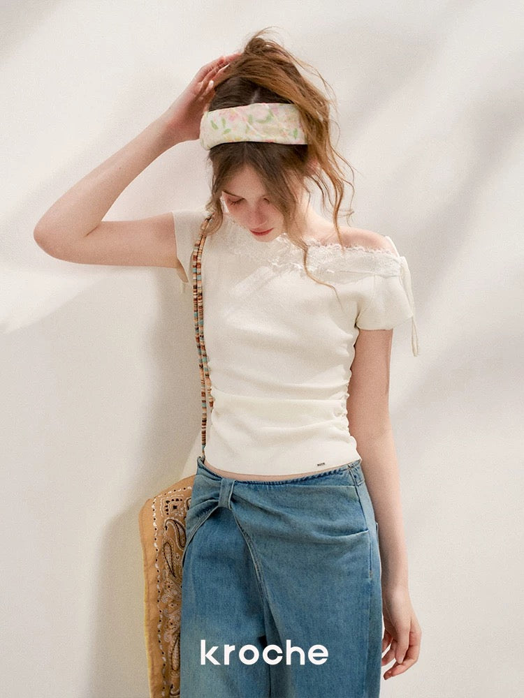 Kroche Lace patchwork pleated knitted short sleeved shirt