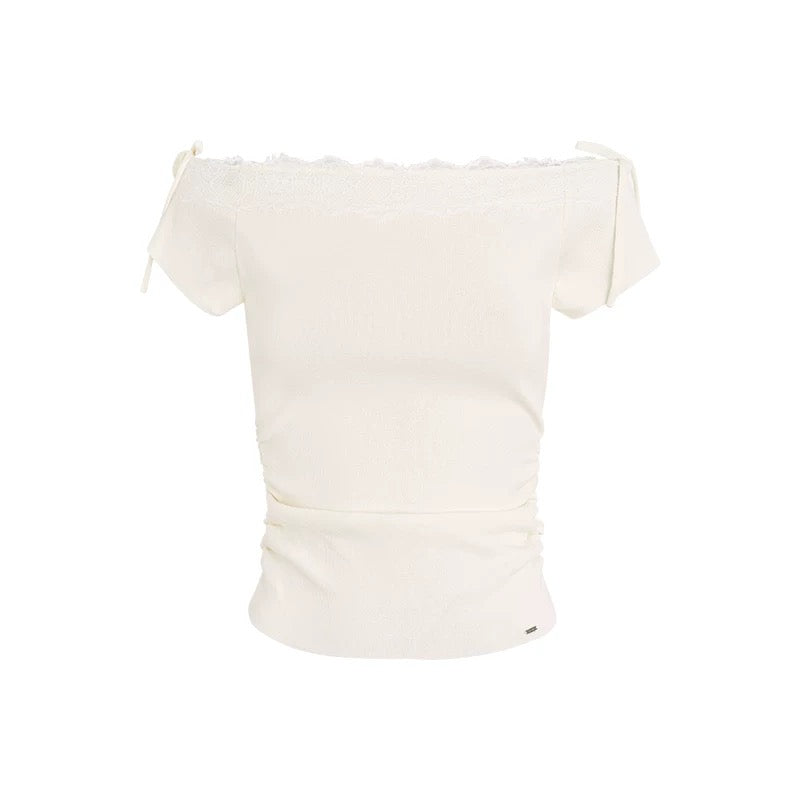 Kroche Lace patchwork pleated knitted short sleeved shirt