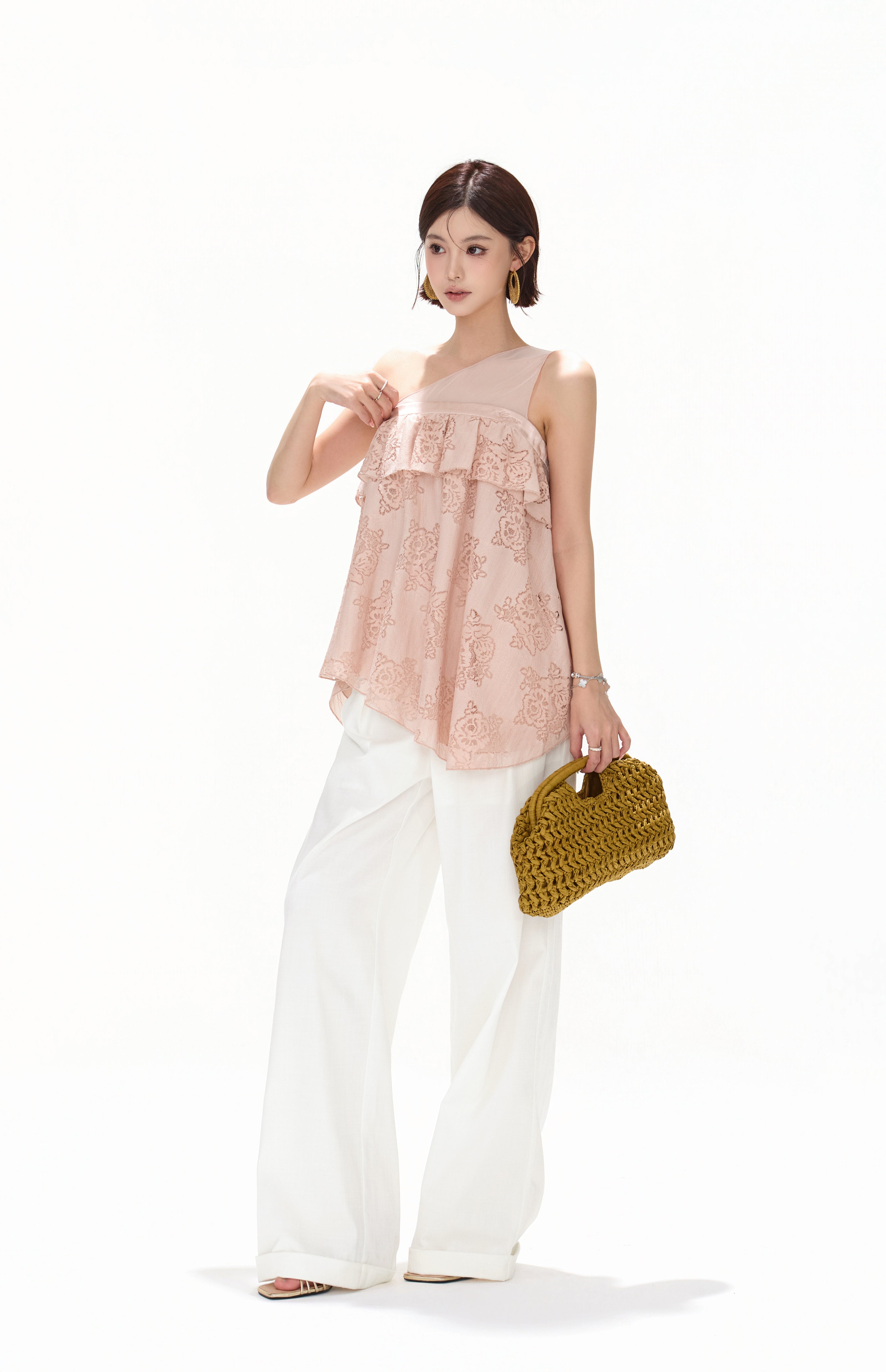 CYNR CY260412SAI Mesh rose lace irregular sleeveless top