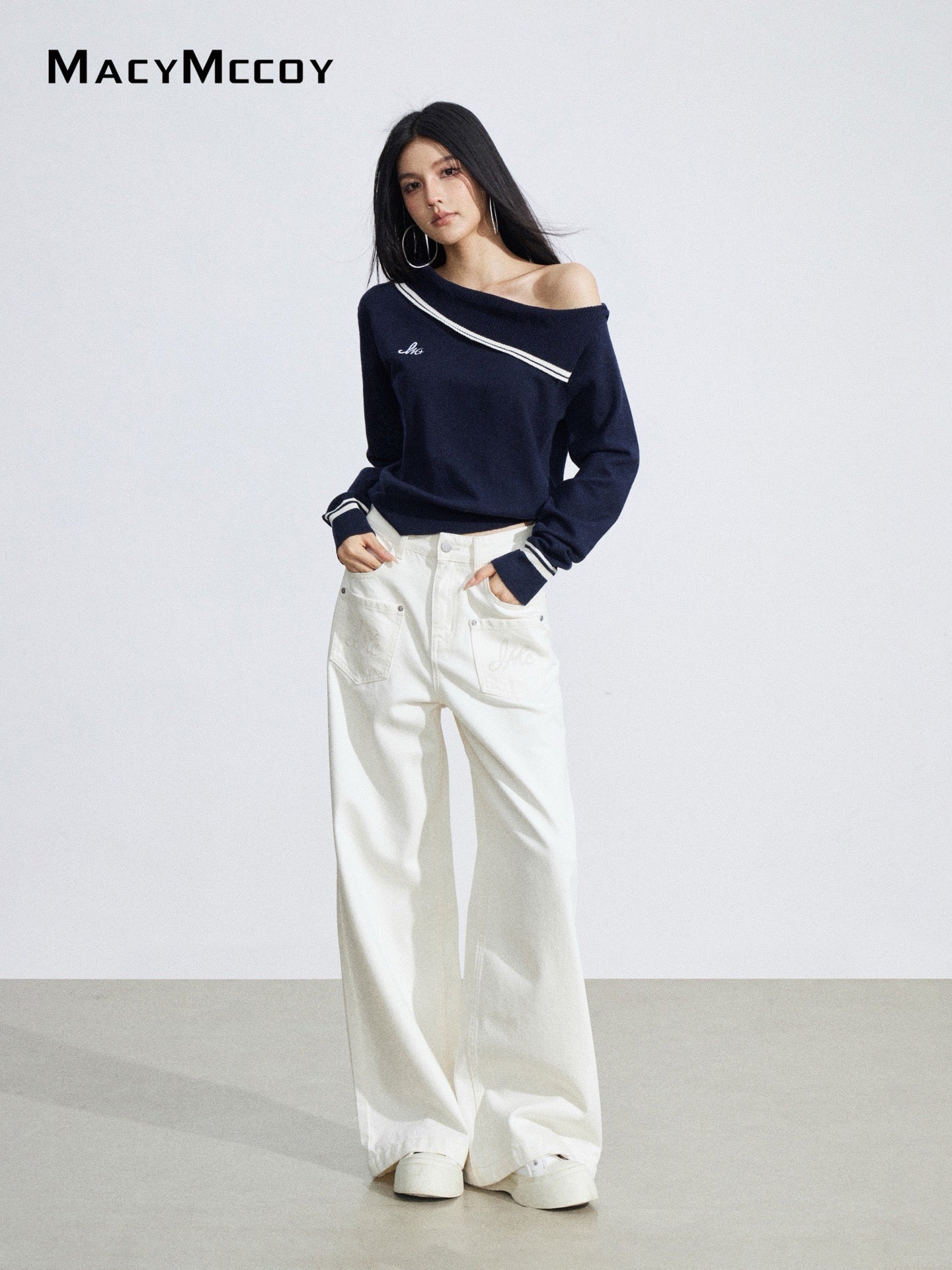 MacyMccoy MMC2026036 Irregular slanted shoulder knitted top