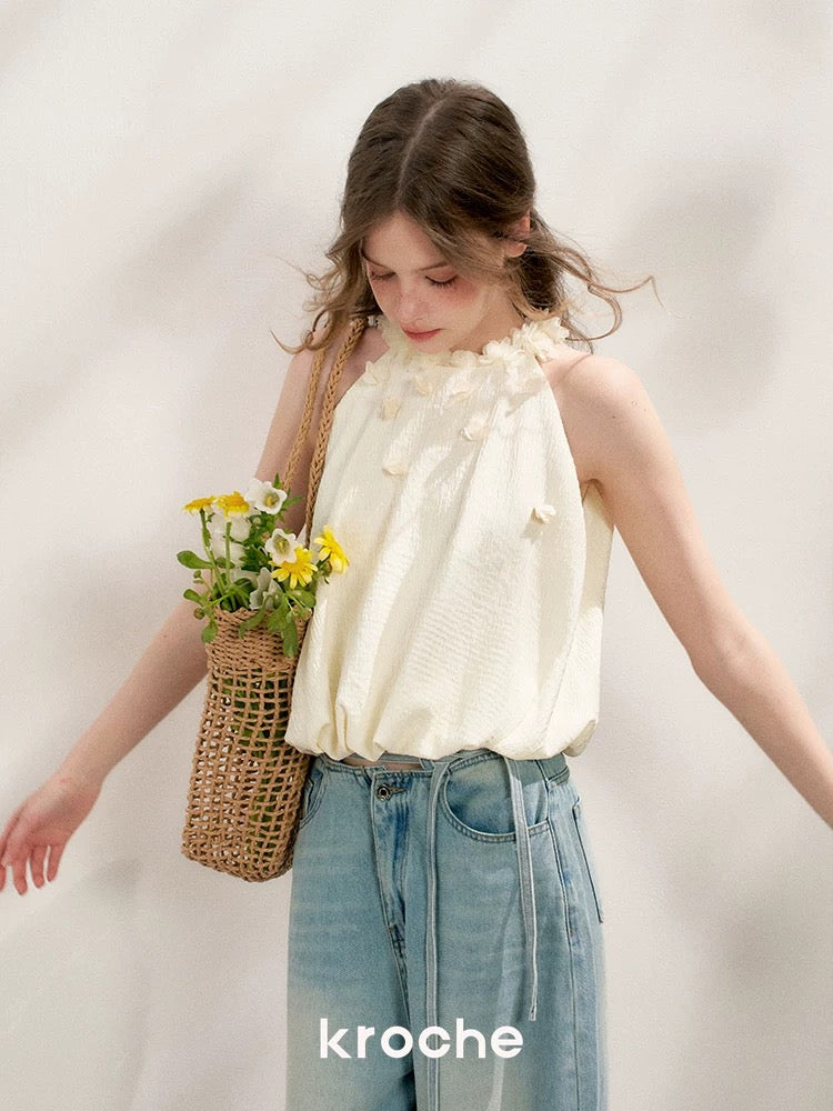 Kroche 3D floral texture halter neck top