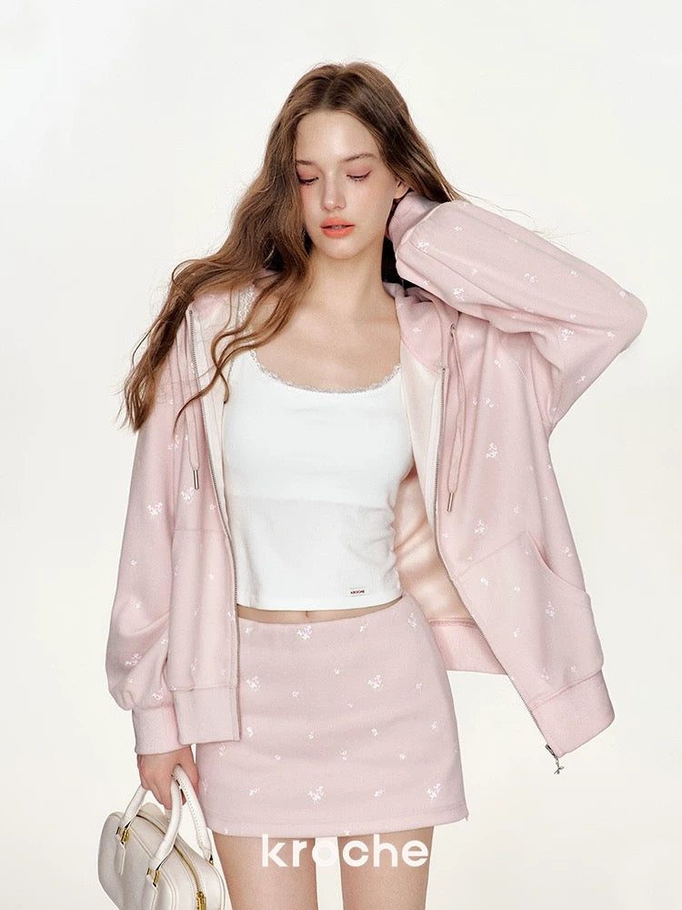 Kroche KB4435 Rose printed hooded loose sweatshirt jacket+ skirt