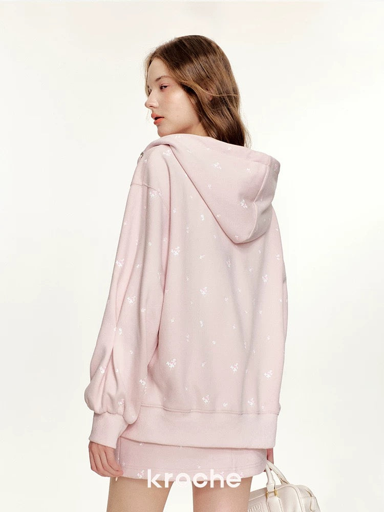 Kroche KB4435 Rose printed hooded loose sweatshirt jacket+ skirt