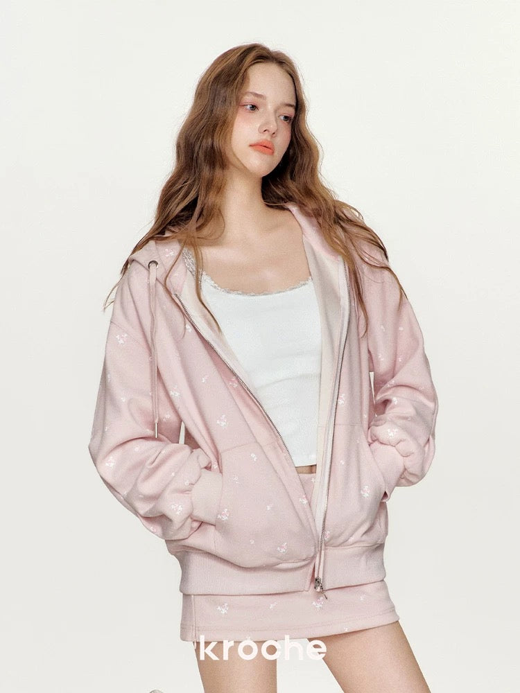 Kroche KB4435 Rose printed hooded loose sweatshirt jacket+ skirt