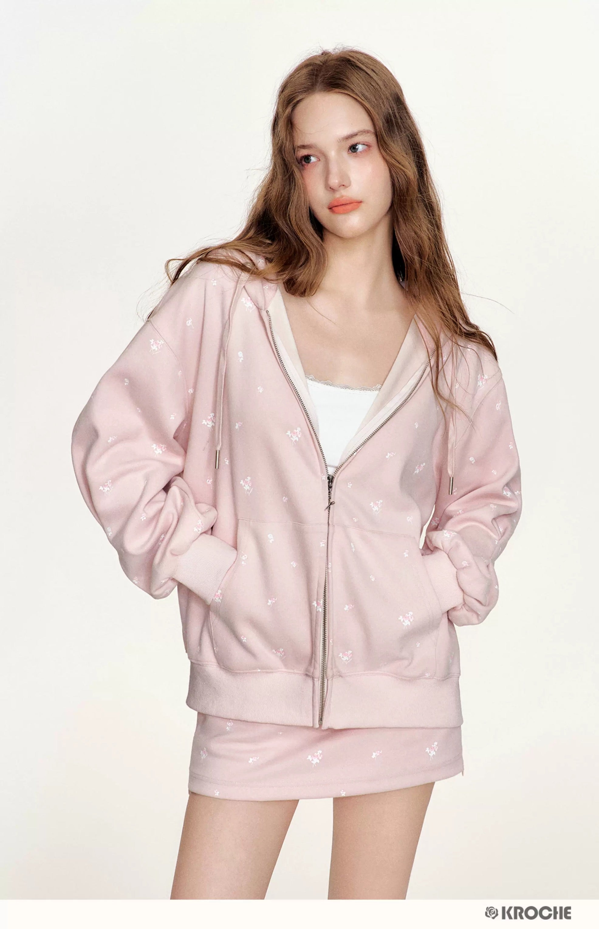 Kroche KB4435 Rose printed hooded loose sweatshirt jacket+ skirt