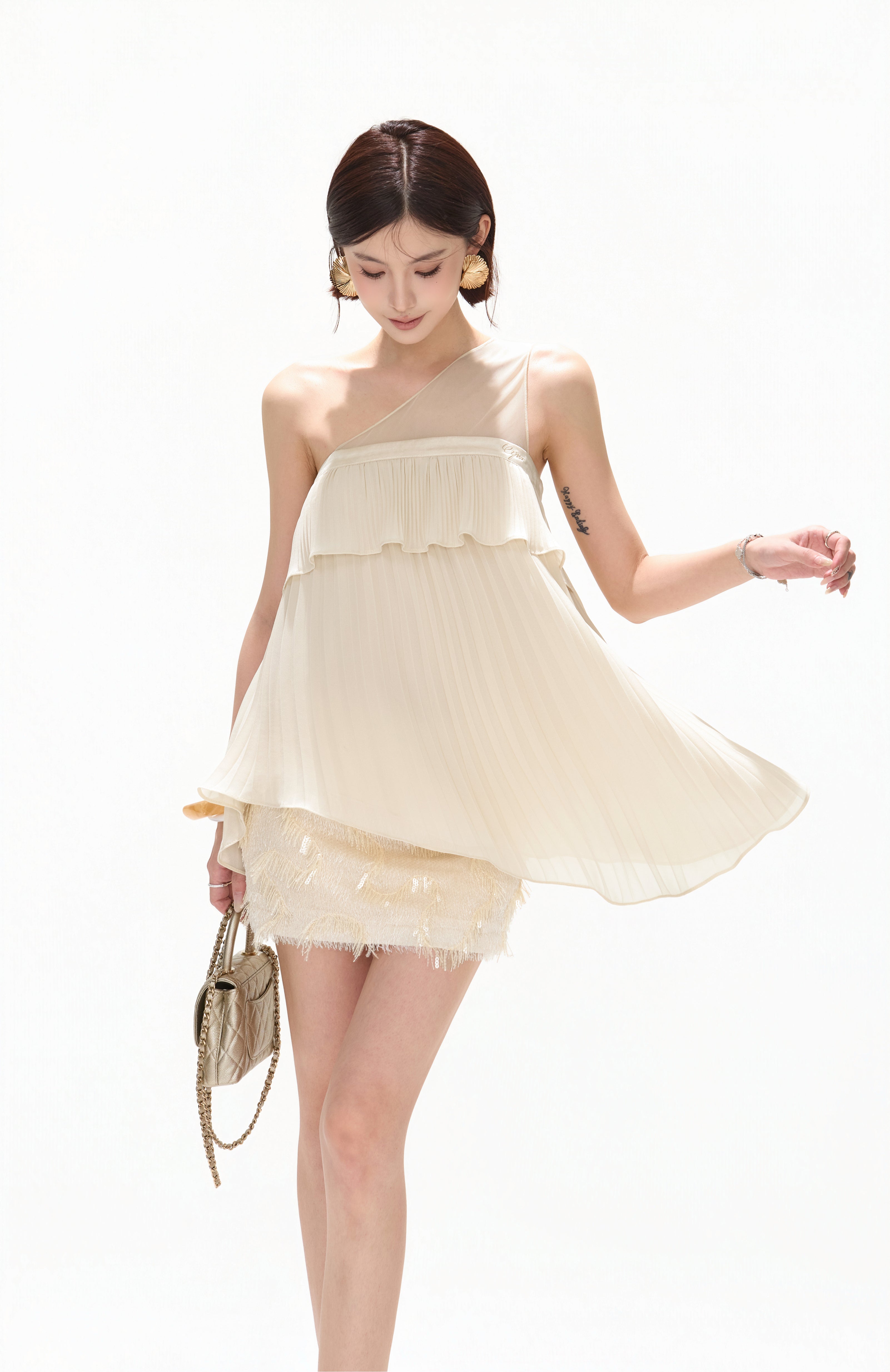 CYNR CY260415SAW Off shoulder patchwork irregular chiffon top