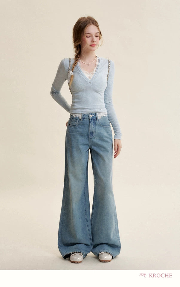 Kroche Lace patchwork slim knit top