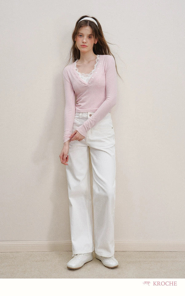 Kroche Lace patchwork slim knit top