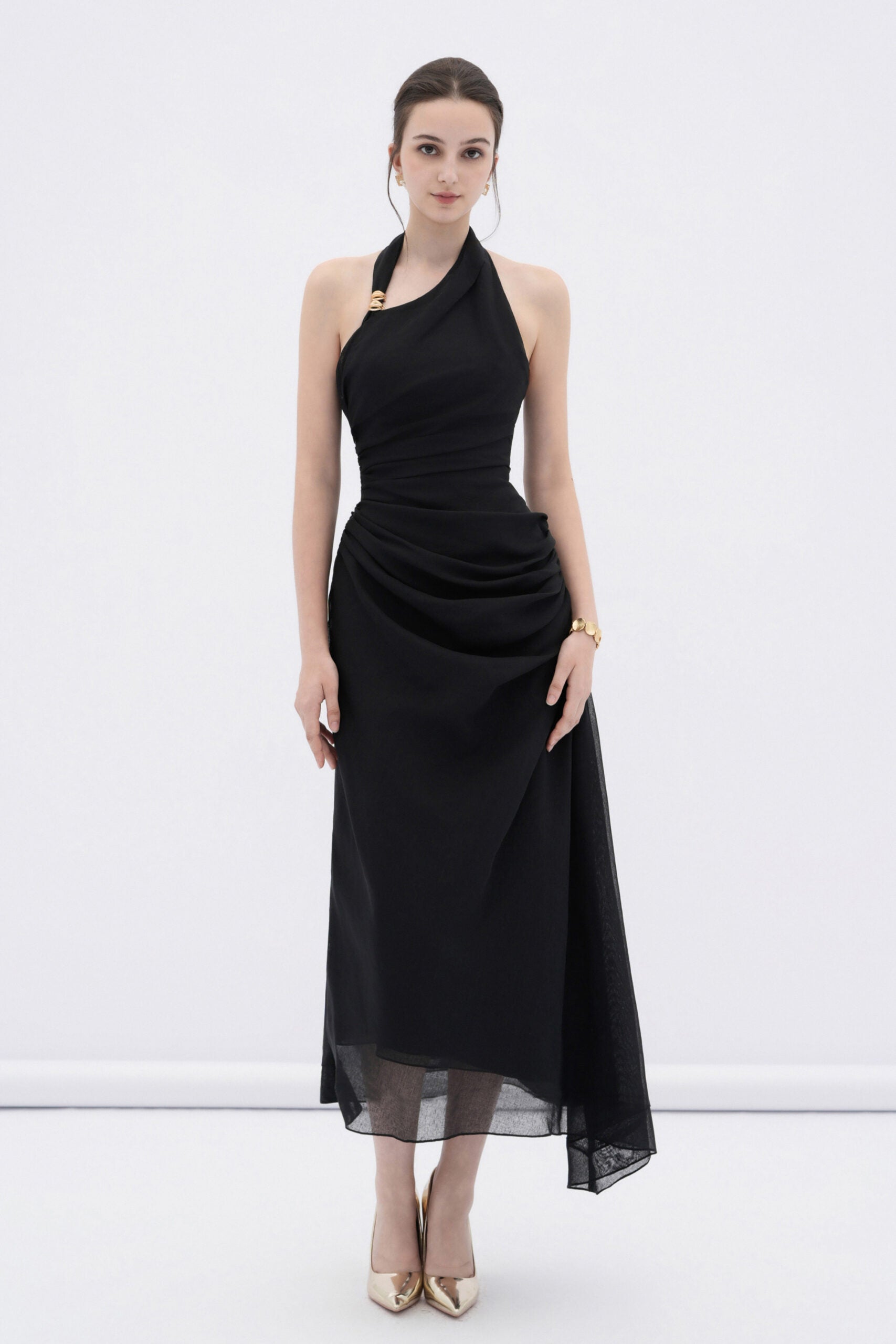 BYDENIO Elowen asymmetric hem midi dress with draped waist (2color)