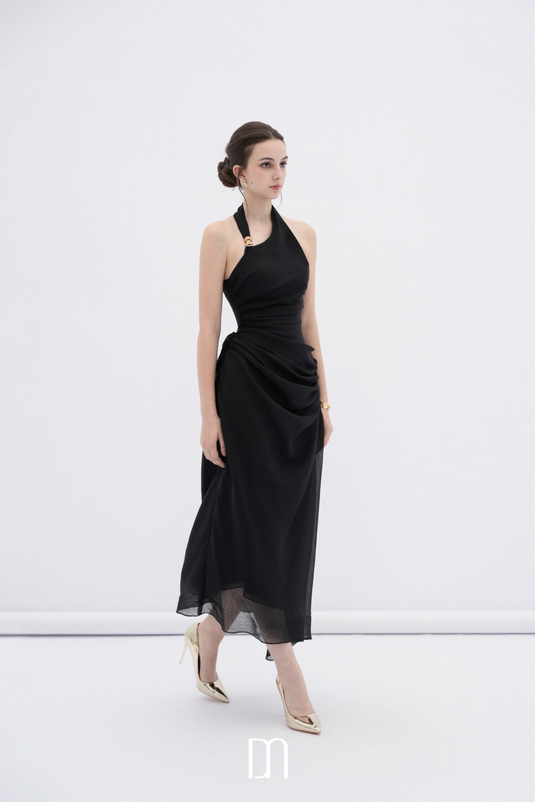 BYDENIO Elowen asymmetric hem midi dress with draped waist (2color)