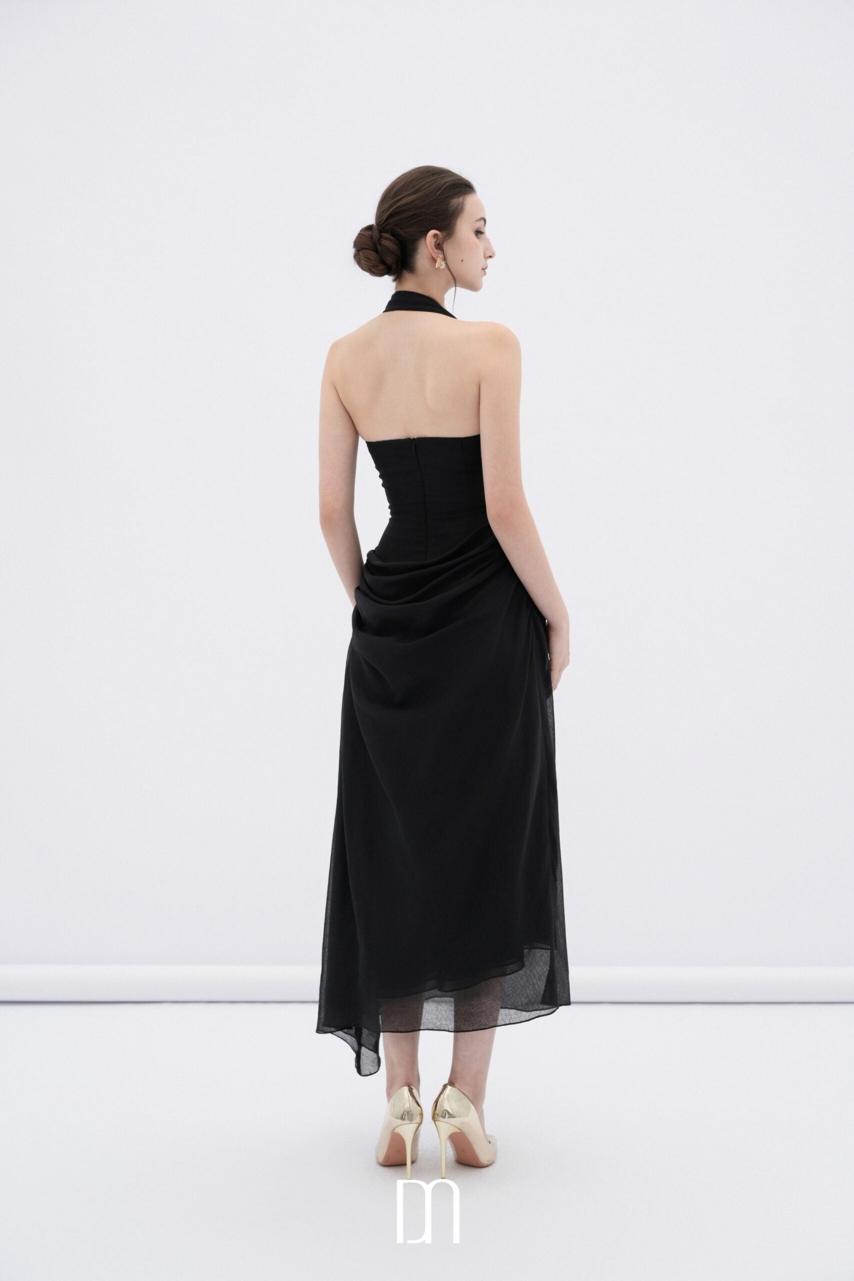 BYDENIO Elowen asymmetric hem midi dress with draped waist (2color)