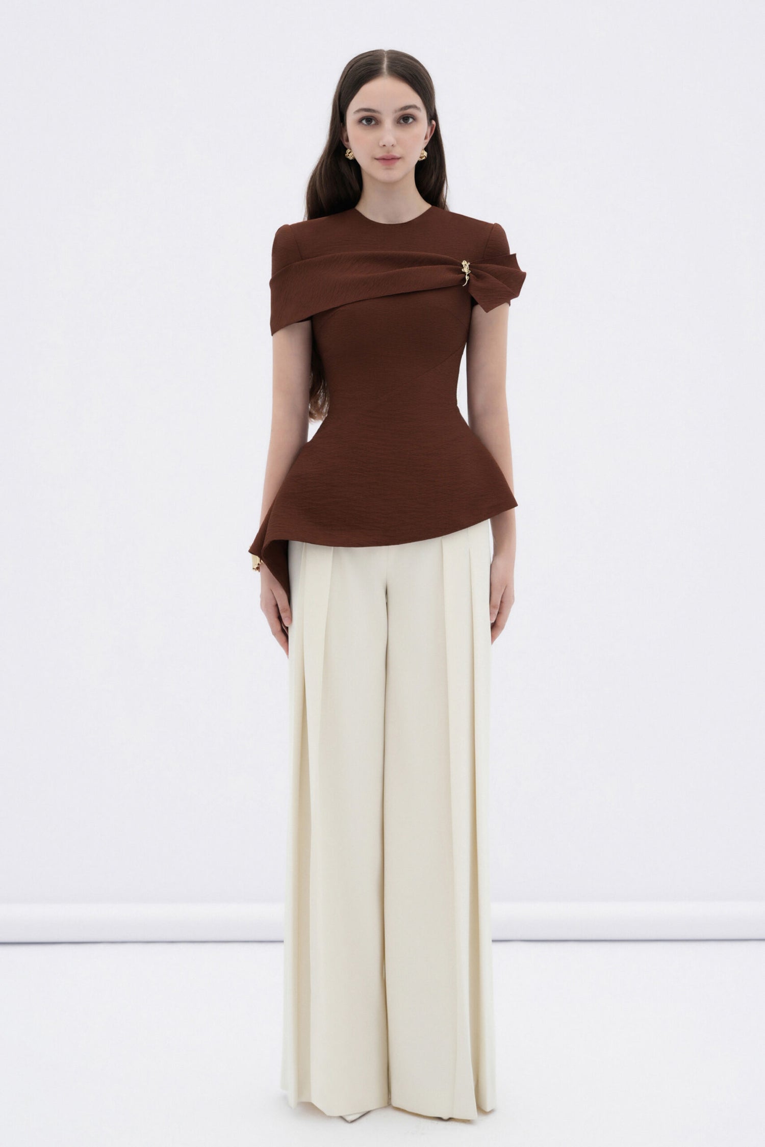 BYDENIO Sienna sculpted asymmetrical draped top & Mae pleated high-waisted straight pants