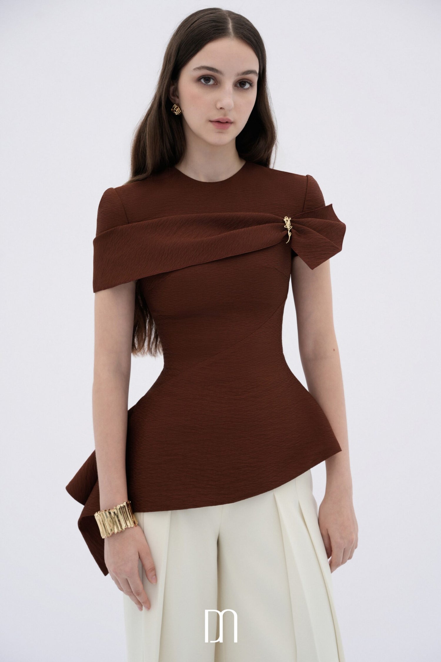 BYDENIO Sienna sculpted asymmetrical draped top & Mae pleated high-waisted straight pants