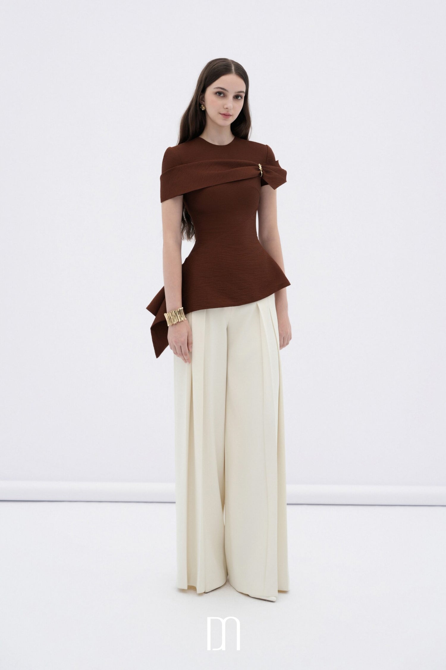 BYDENIO Sienna sculpted asymmetrical draped top & Mae pleated high-waisted straight pants