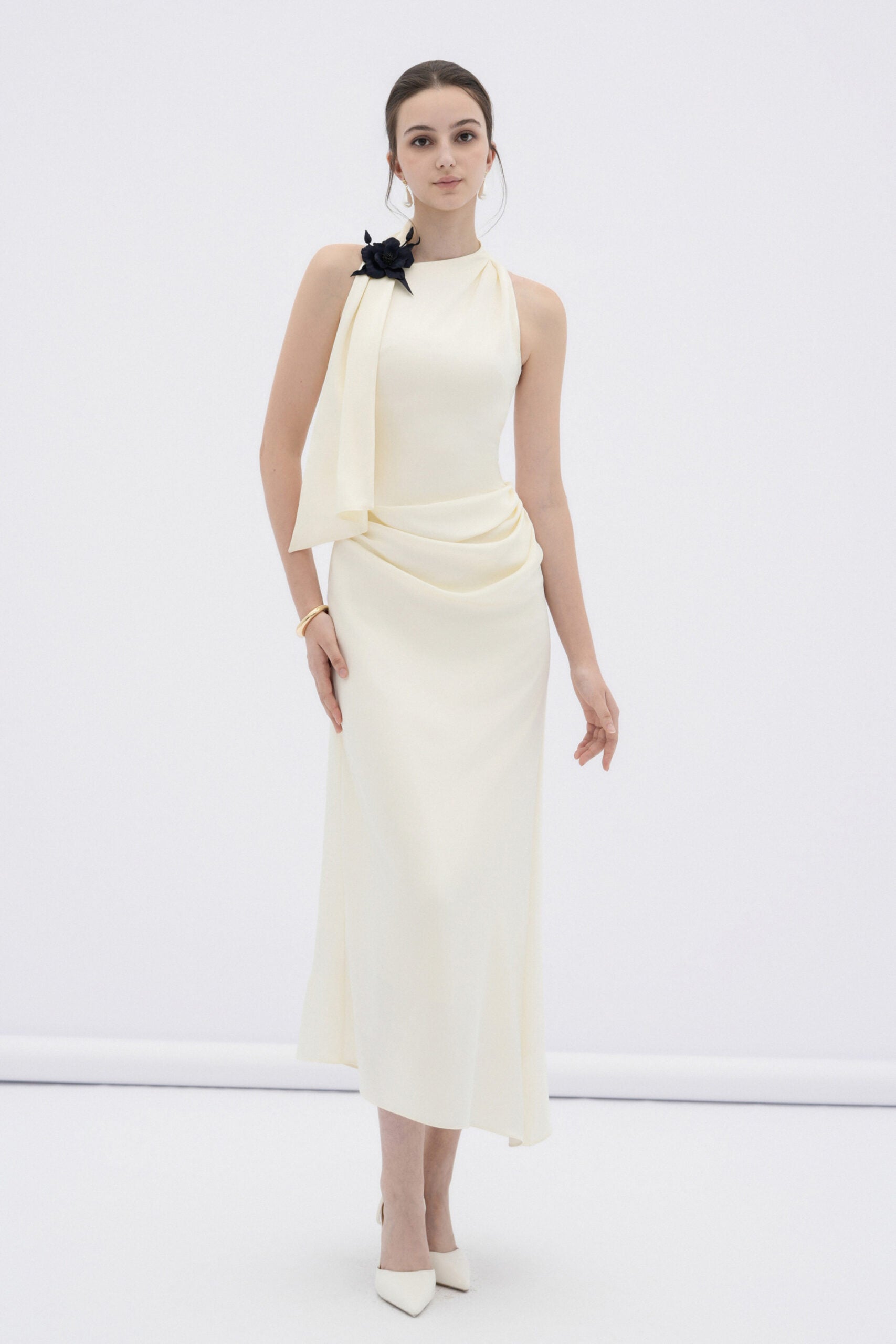 BYDENIO Brie draped silk halter midi dress
