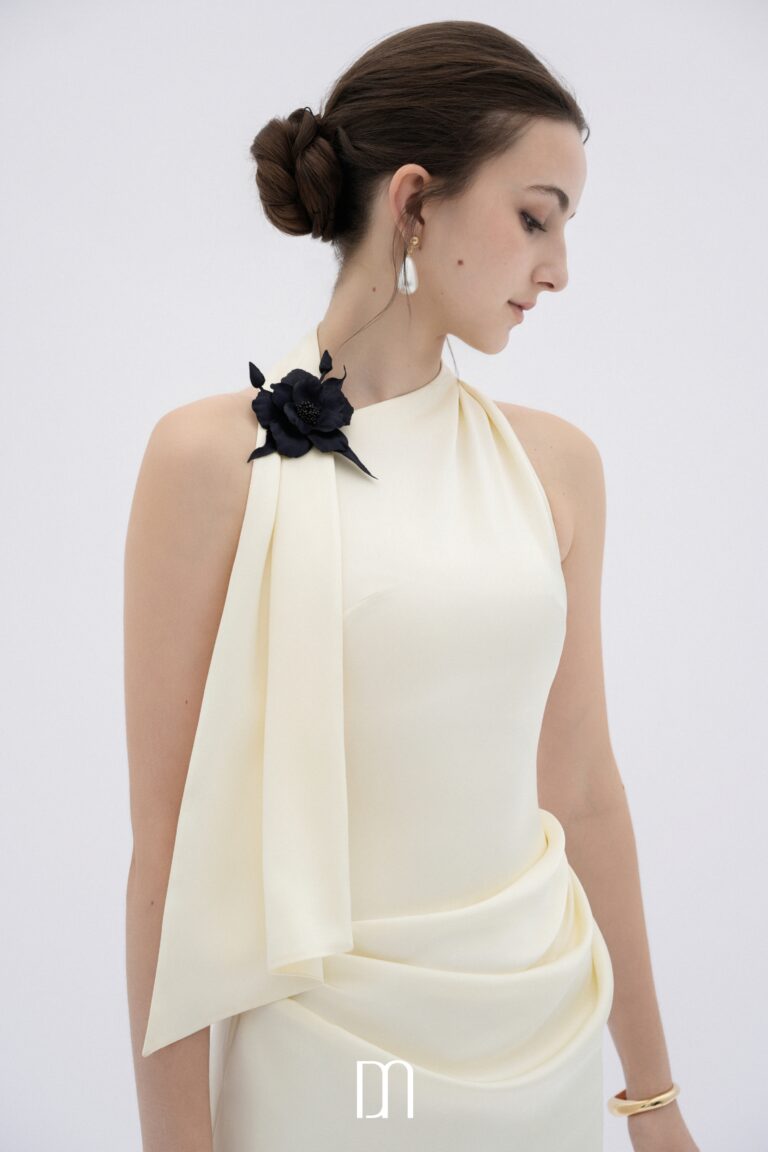 BYDENIO Brie draped silk halter midi dress