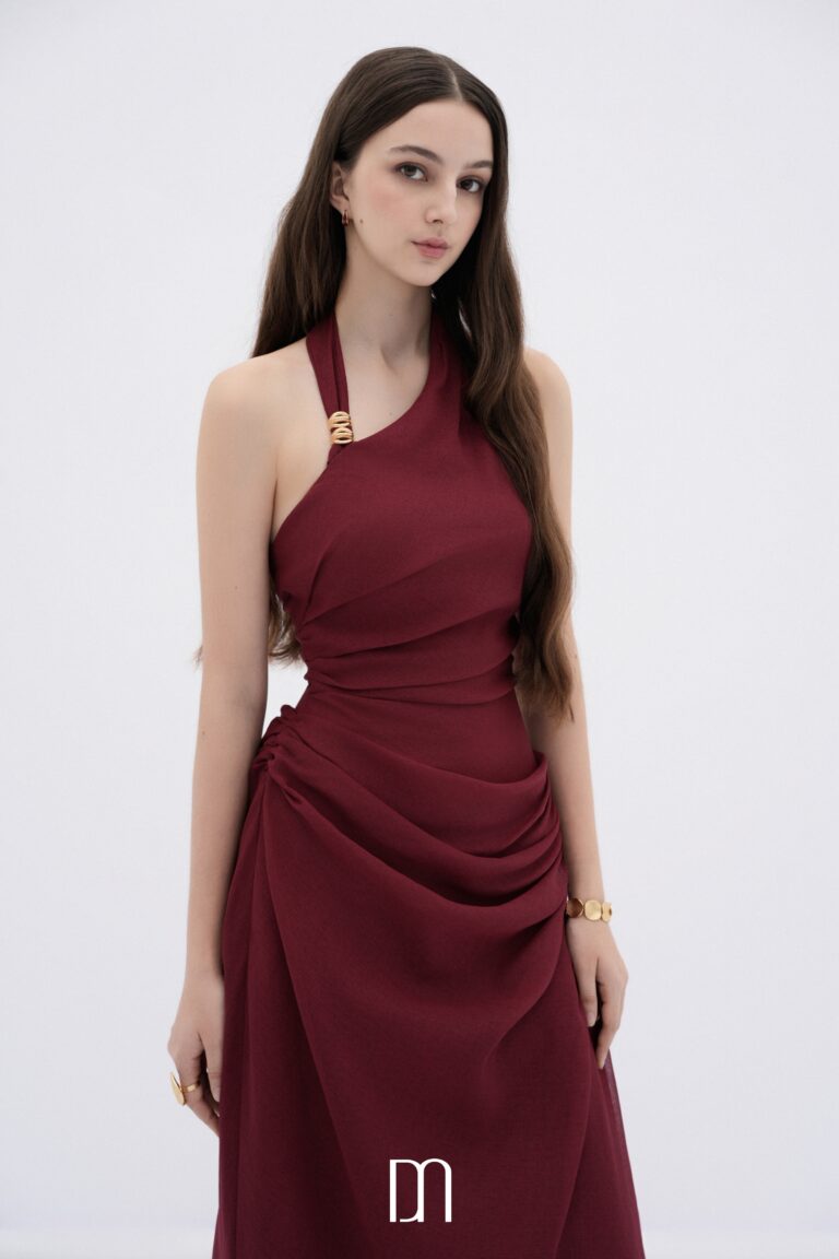 BYDENIO Elowen asymmetric hem midi dress with draped waist (2color)