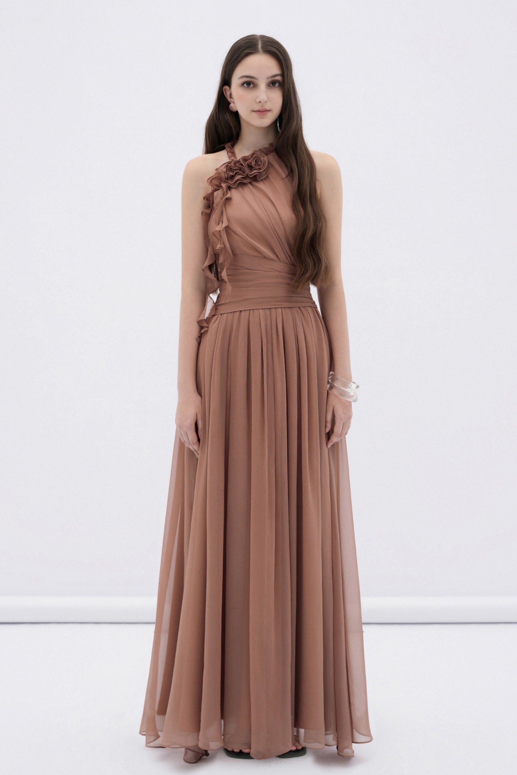 BYDENIO Mireille halter neck maxi dress with flower ruffles
