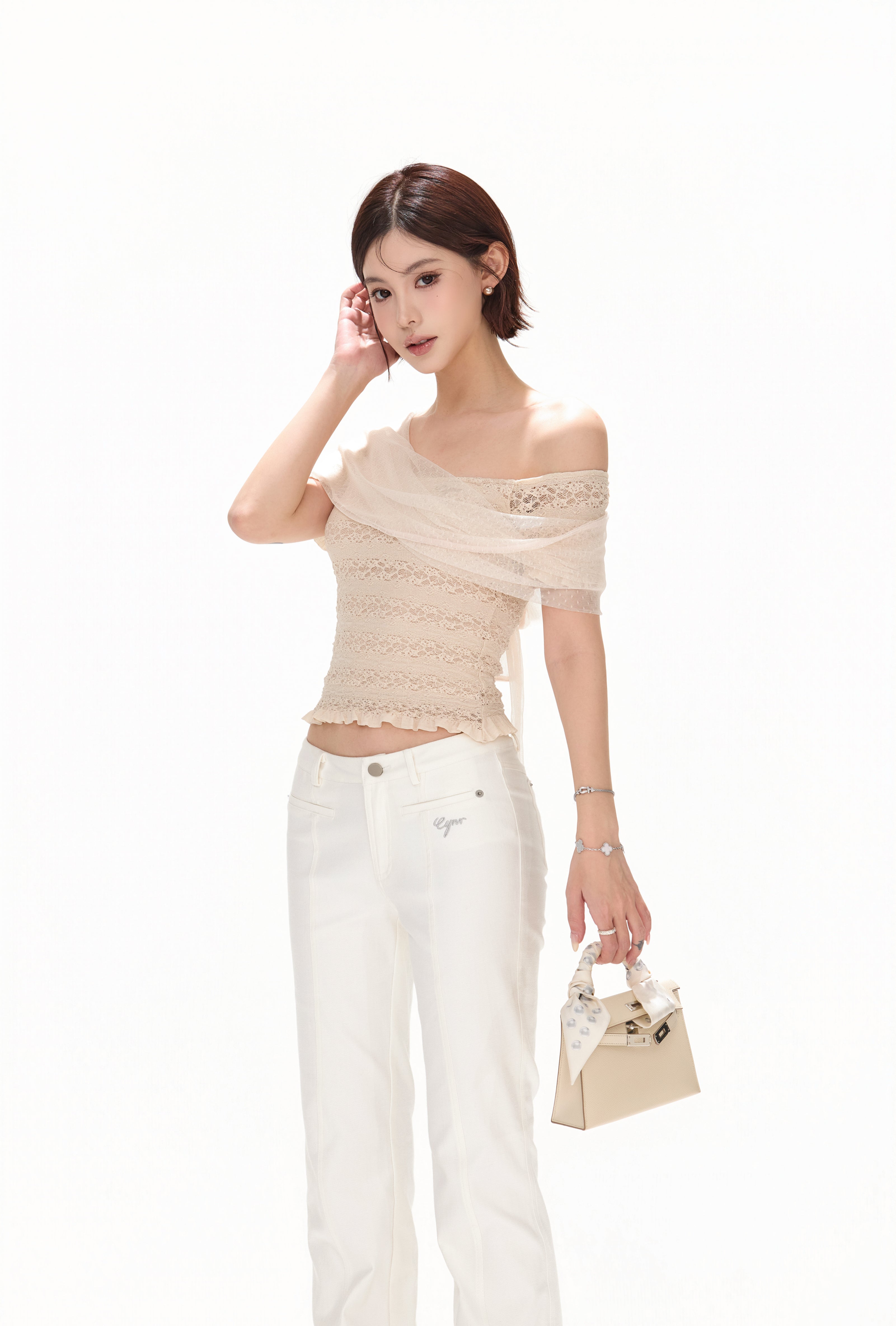 CYNR CY260418TSW Lace jacquard strapless knitted top