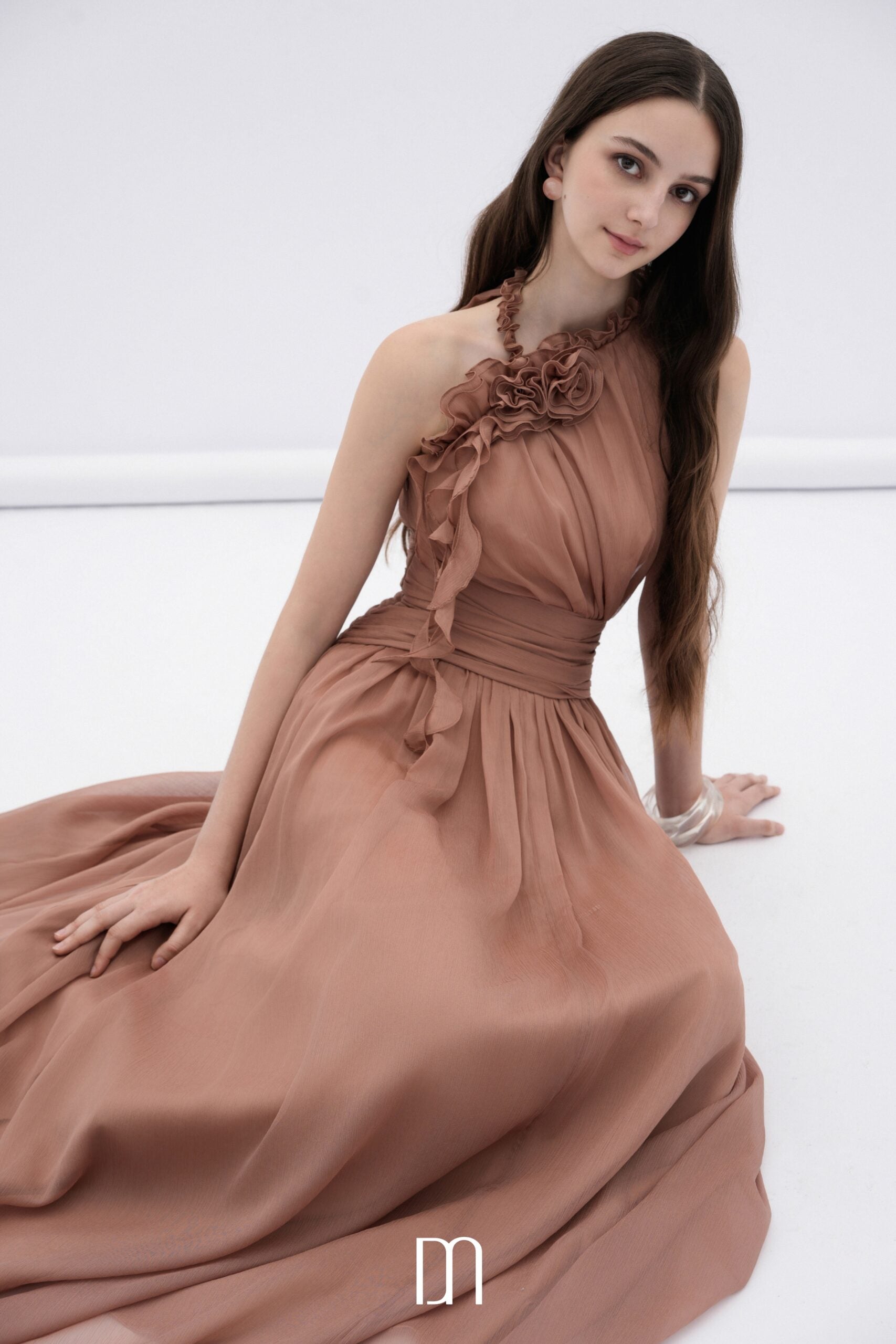 BYDENIO Mireille halter neck maxi dress with flower ruffles