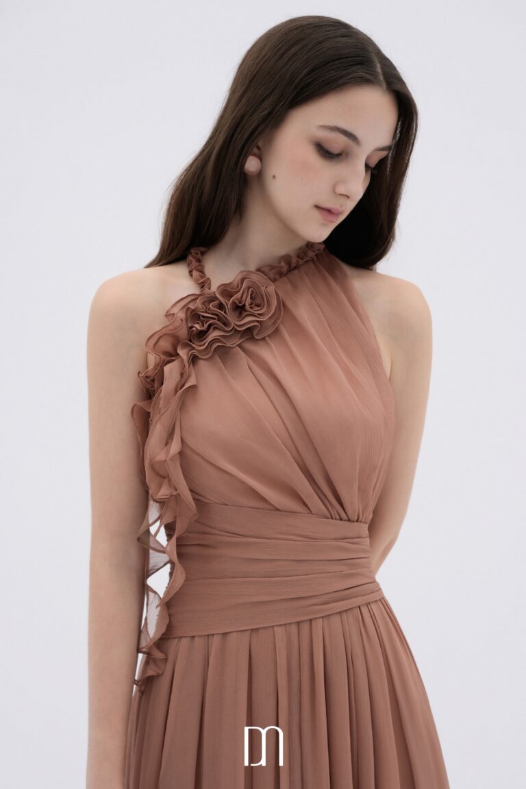BYDENIO Mireille halter neck maxi dress with flower ruffles