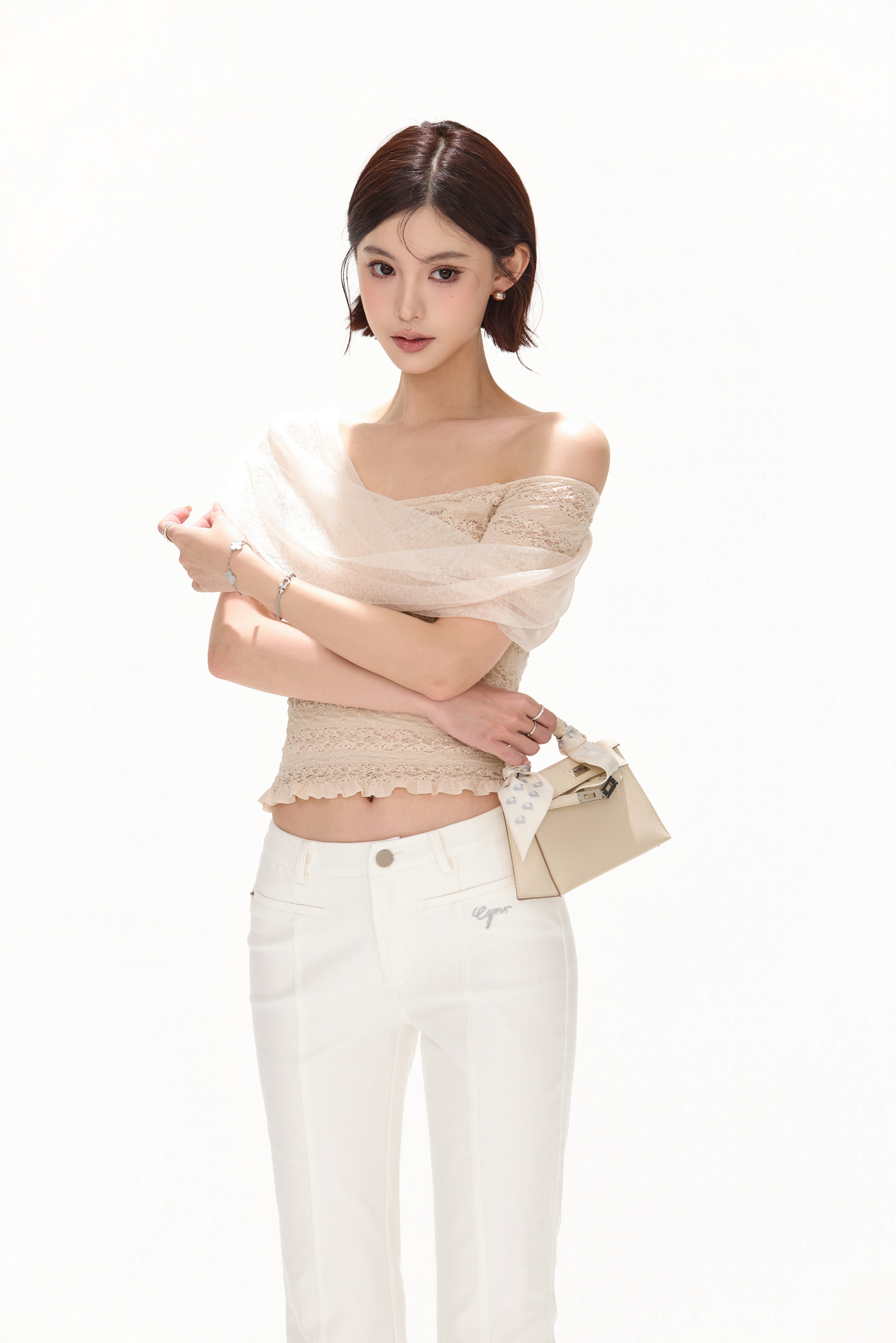 CYNR CY260418TSW Lace jacquard strapless knitted top