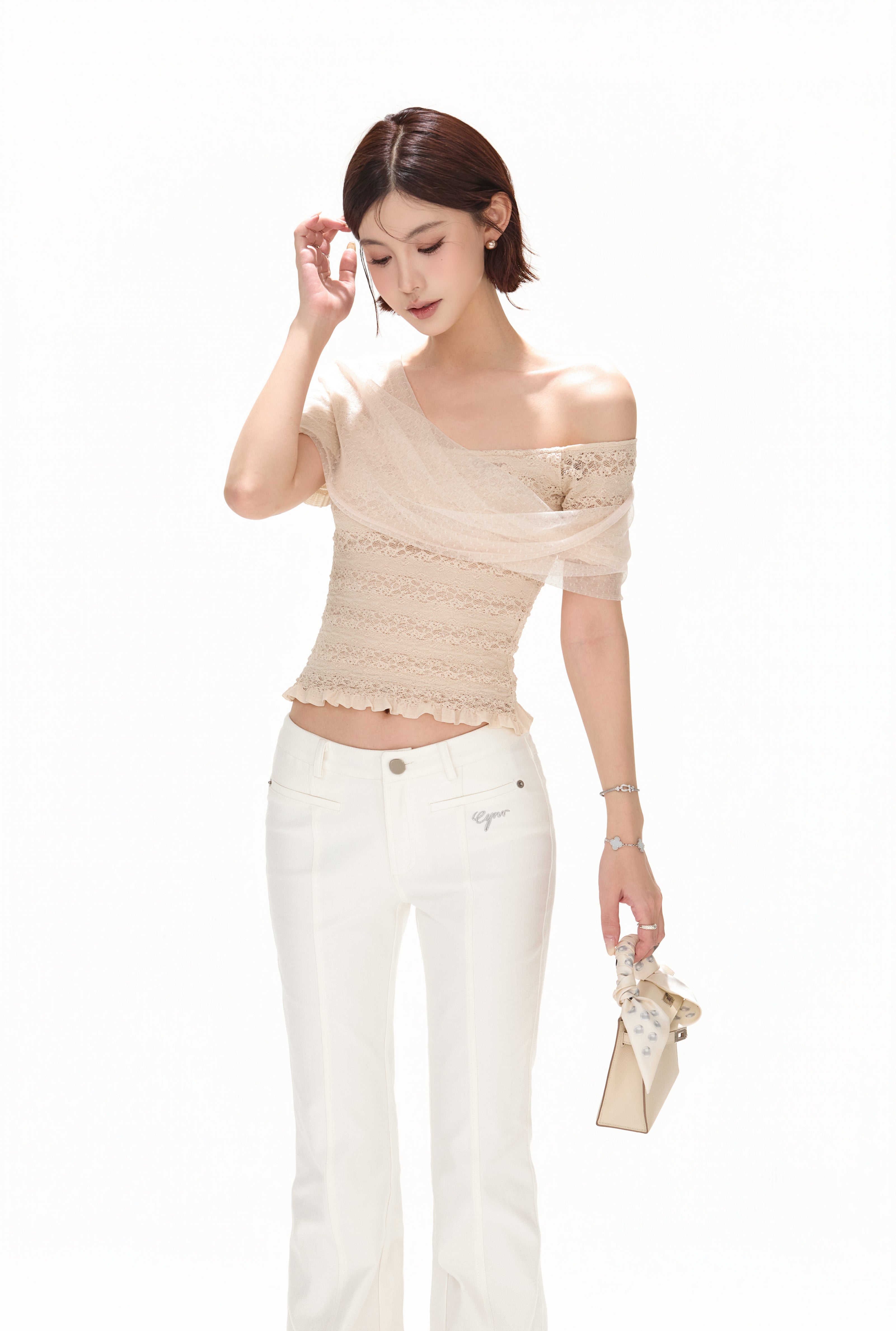 CYNR CY260418TSW Lace jacquard strapless knitted top