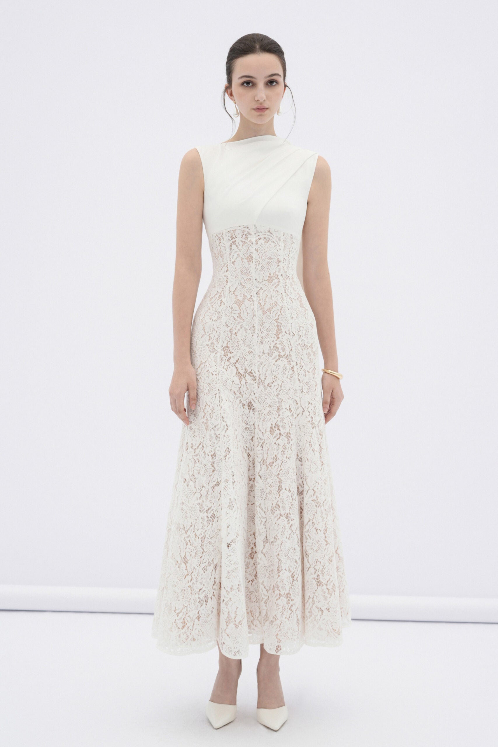 BYDENIO Velin lace midi dress with draped silk neck