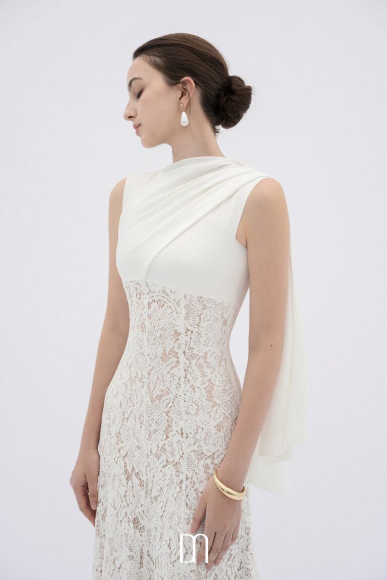 BYDENIO Velin lace midi dress with draped silk neck
