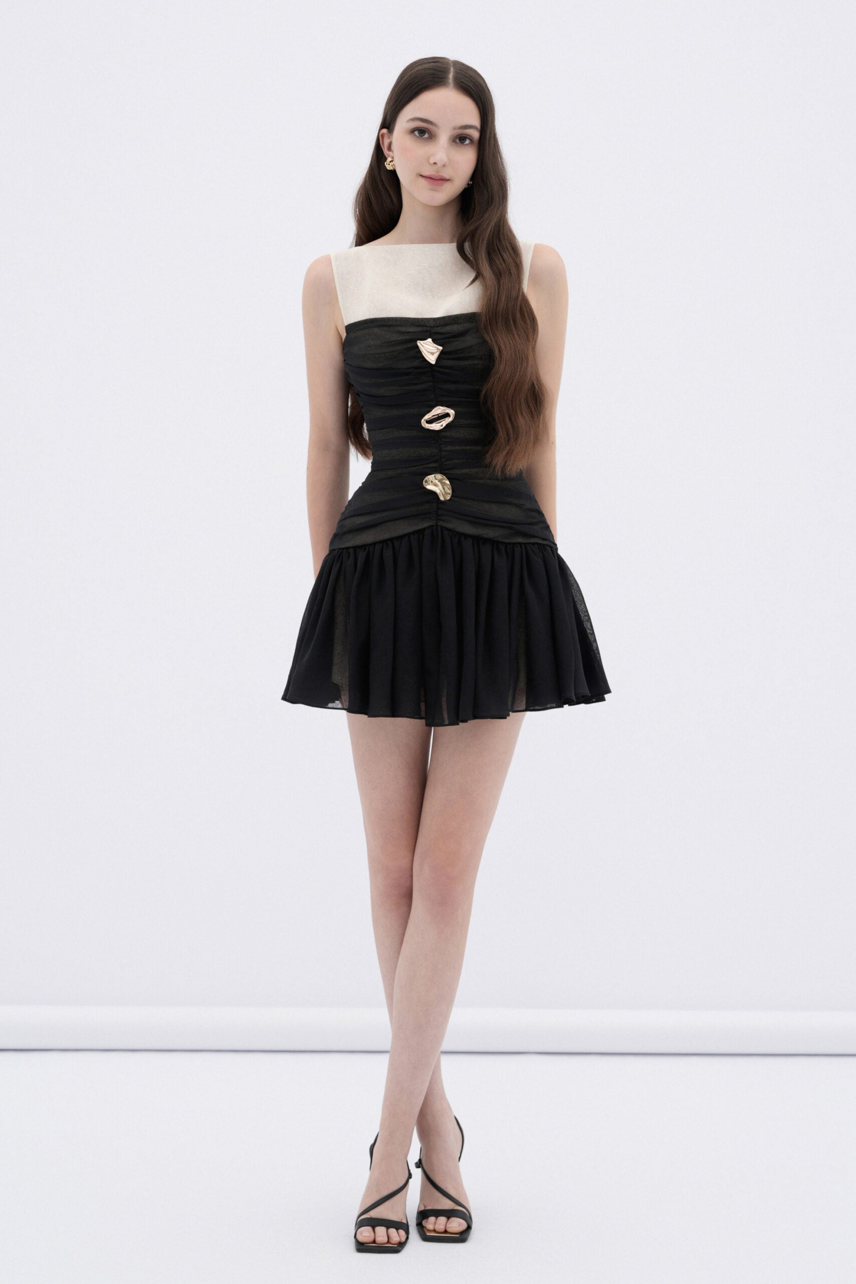 BYDENIO Faye ruched mini dress with sculptural buttons