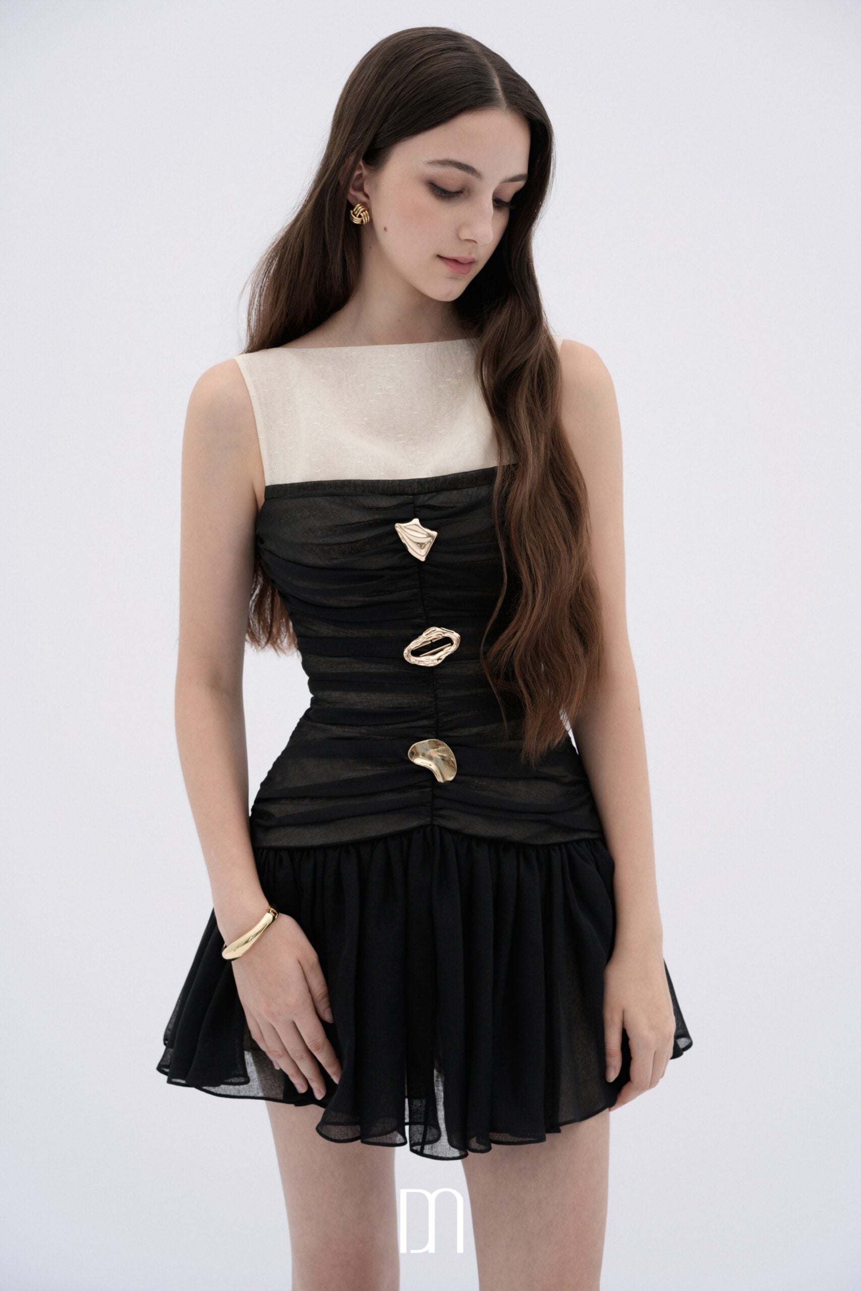 BYDENIO Faye ruched mini dress with sculptural buttons