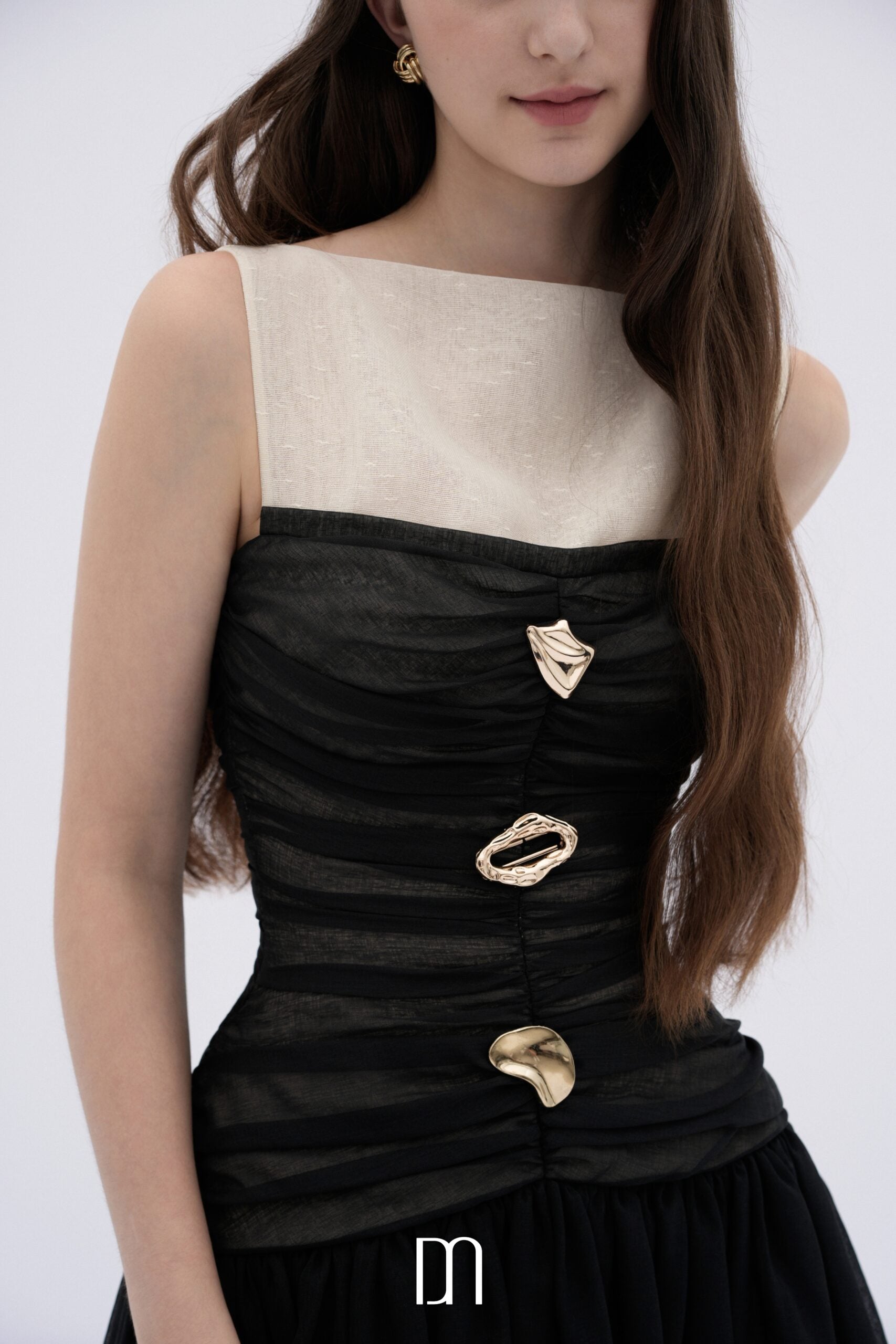 BYDENIO Faye ruched mini dress with sculptural buttons