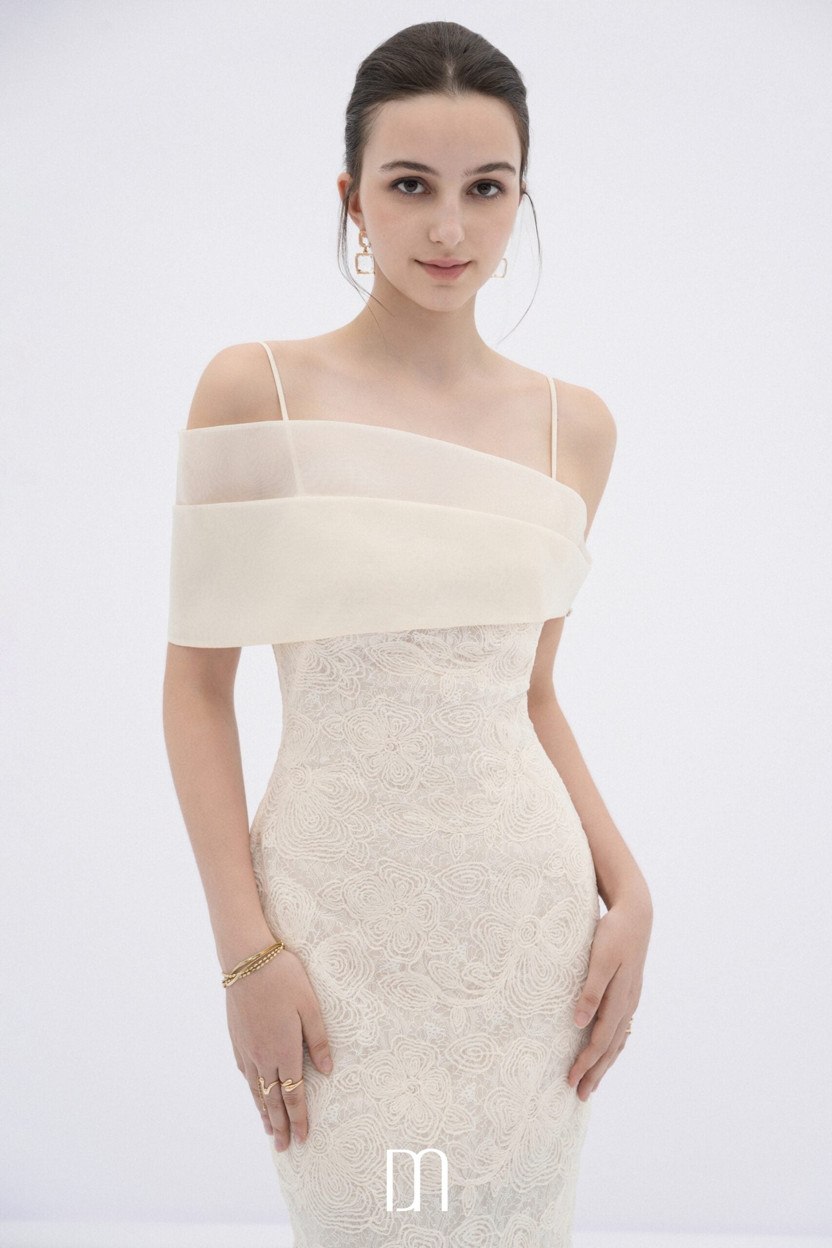 BYDENIO Eira lace body midi dress with sheer off-shoulder panel