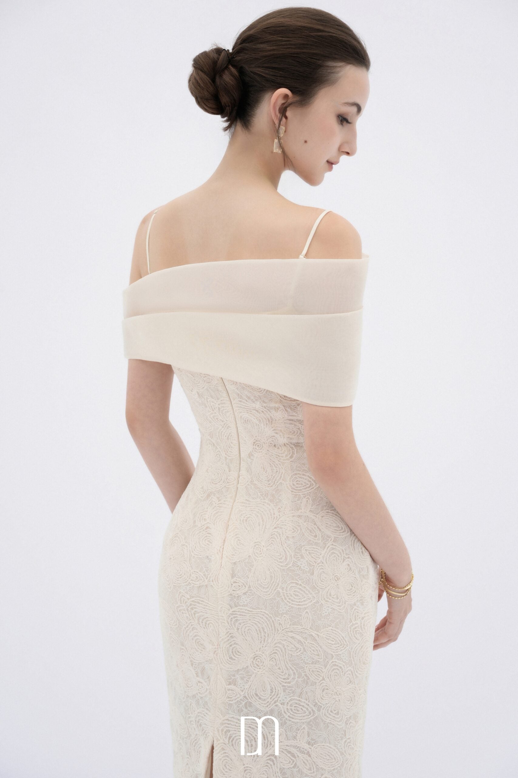 BYDENIO Eira lace body midi dress with sheer off-shoulder panel