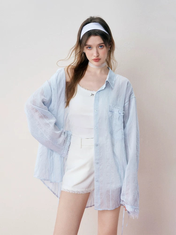 Kroche Lace patchwork ribbon striped shirt