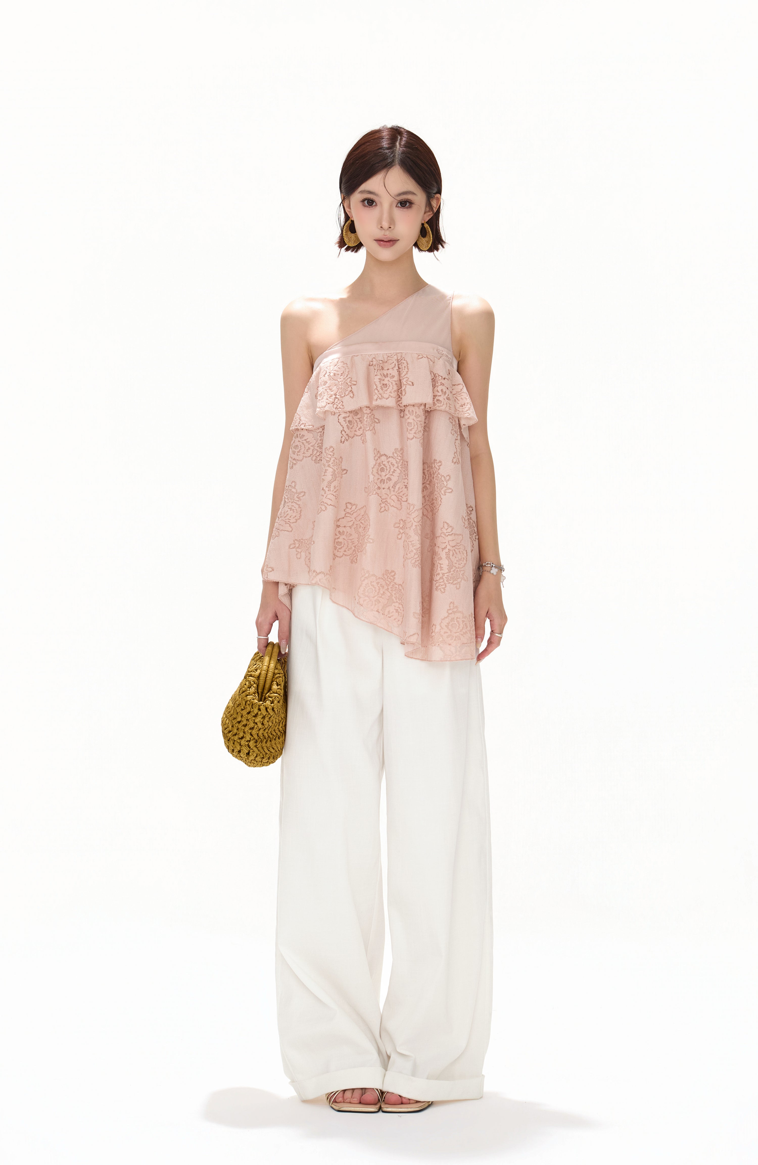 CYNR CY260412SAI Mesh rose lace irregular sleeveless top
