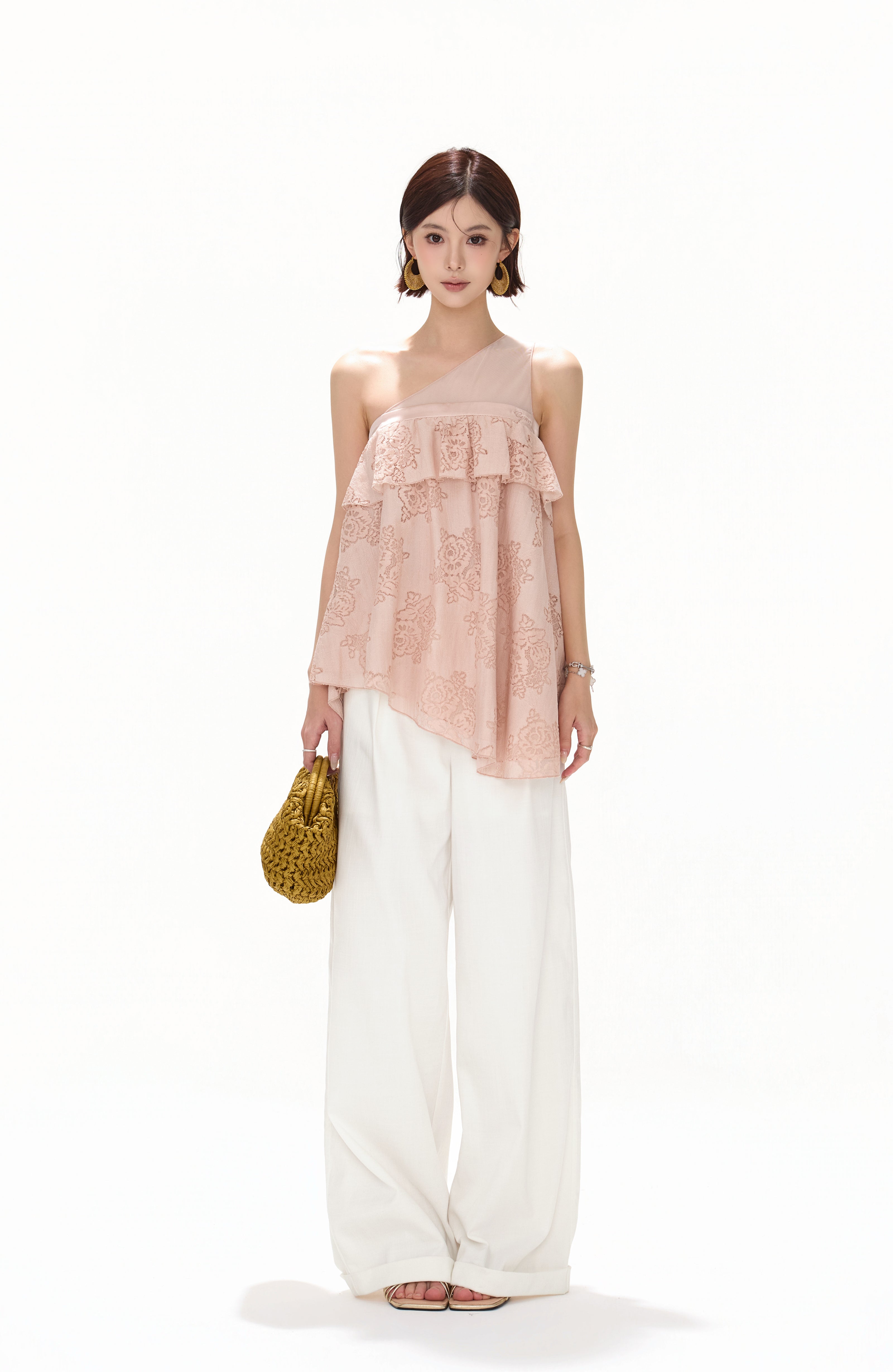 CYNR CY260412SAI Mesh rose lace irregular sleeveless top