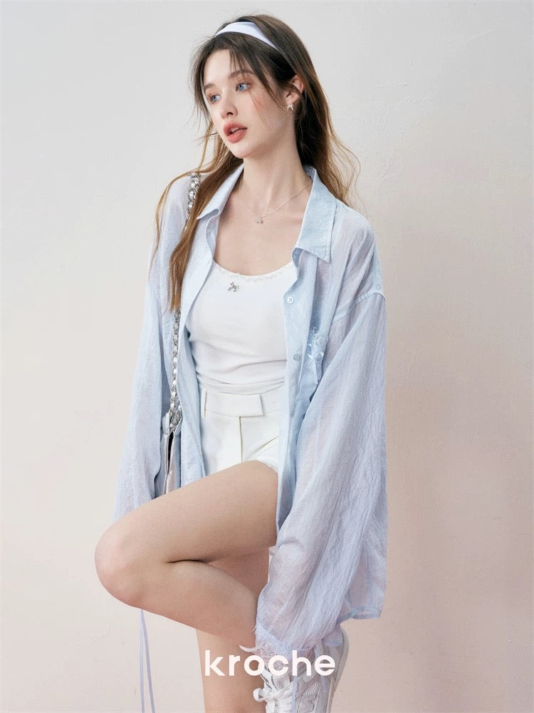 Kroche Lace patchwork ribbon striped shirt