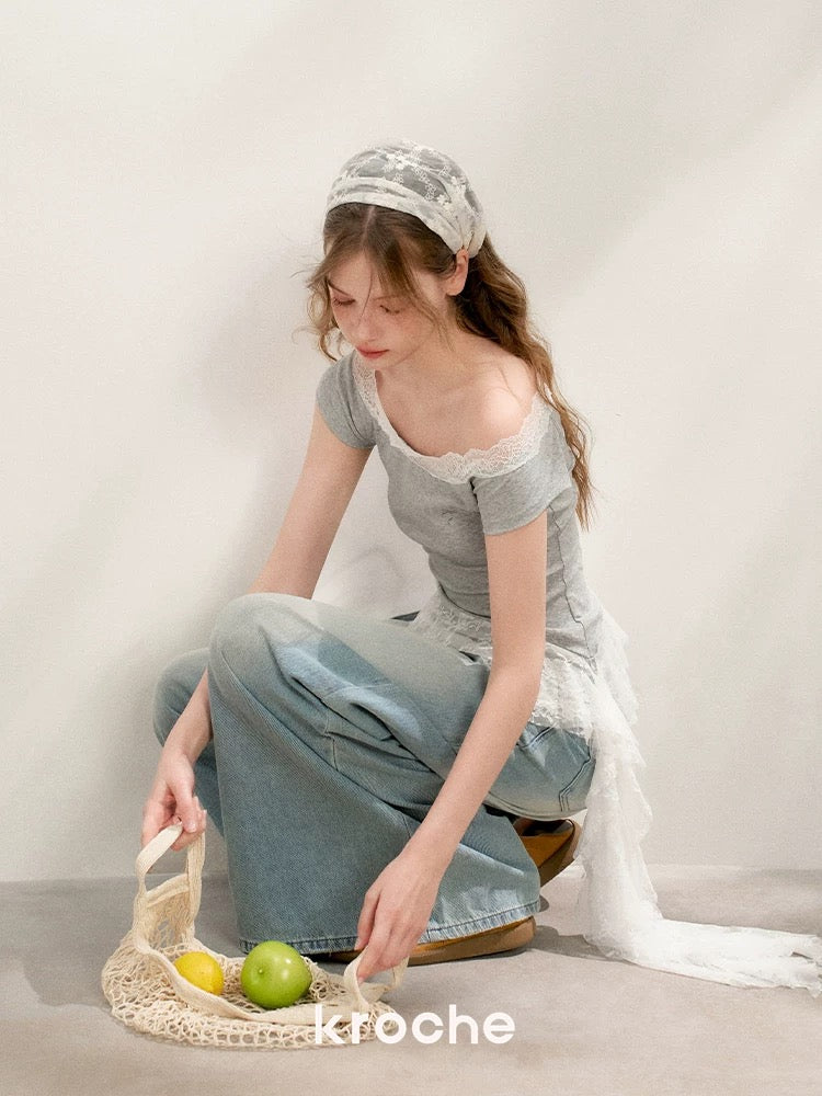 Kroche Lace splicing off-shoulder T-shirt