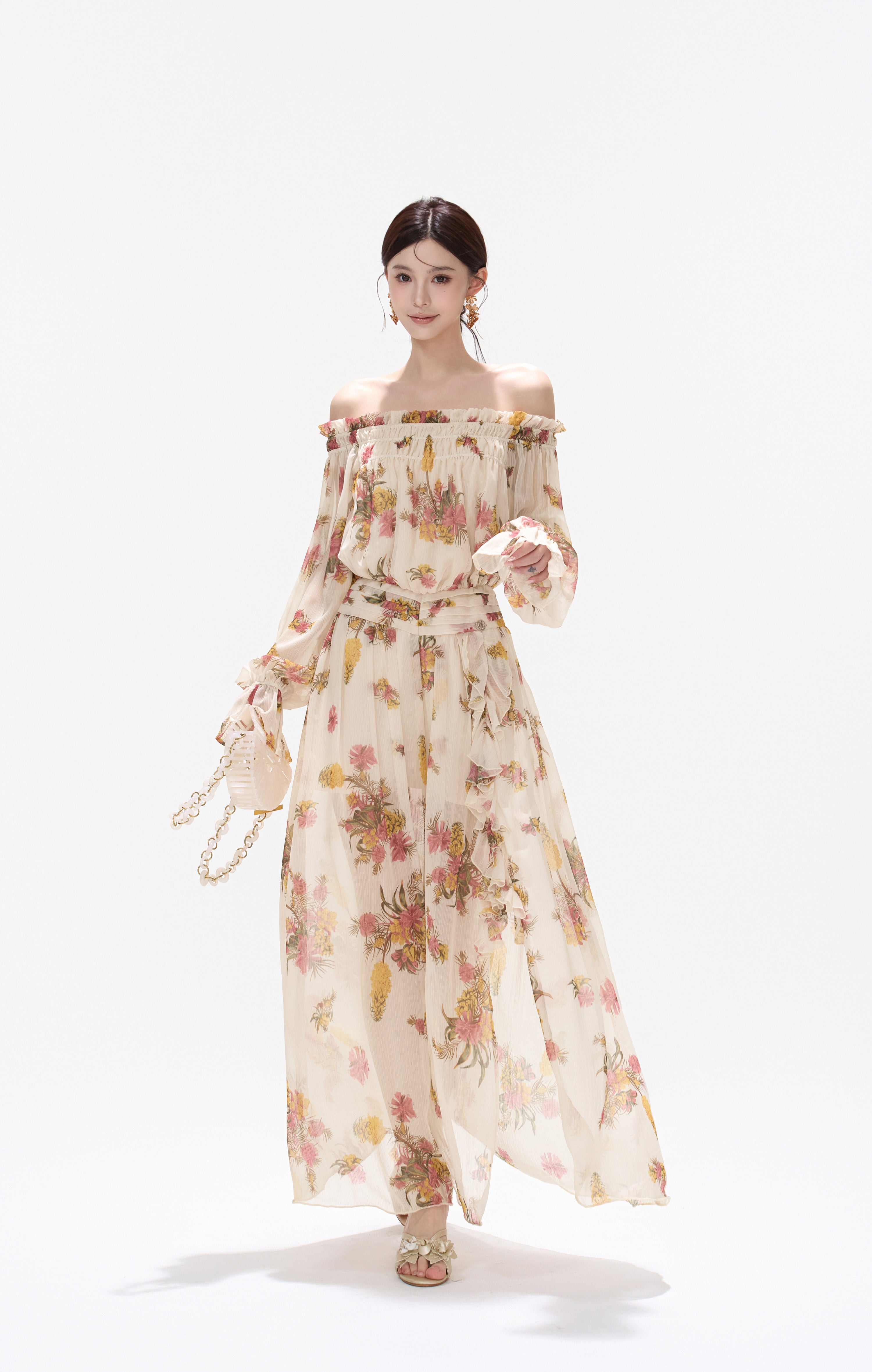 CYNR CY260432HLY Plant printed chiffon off shoulder dress