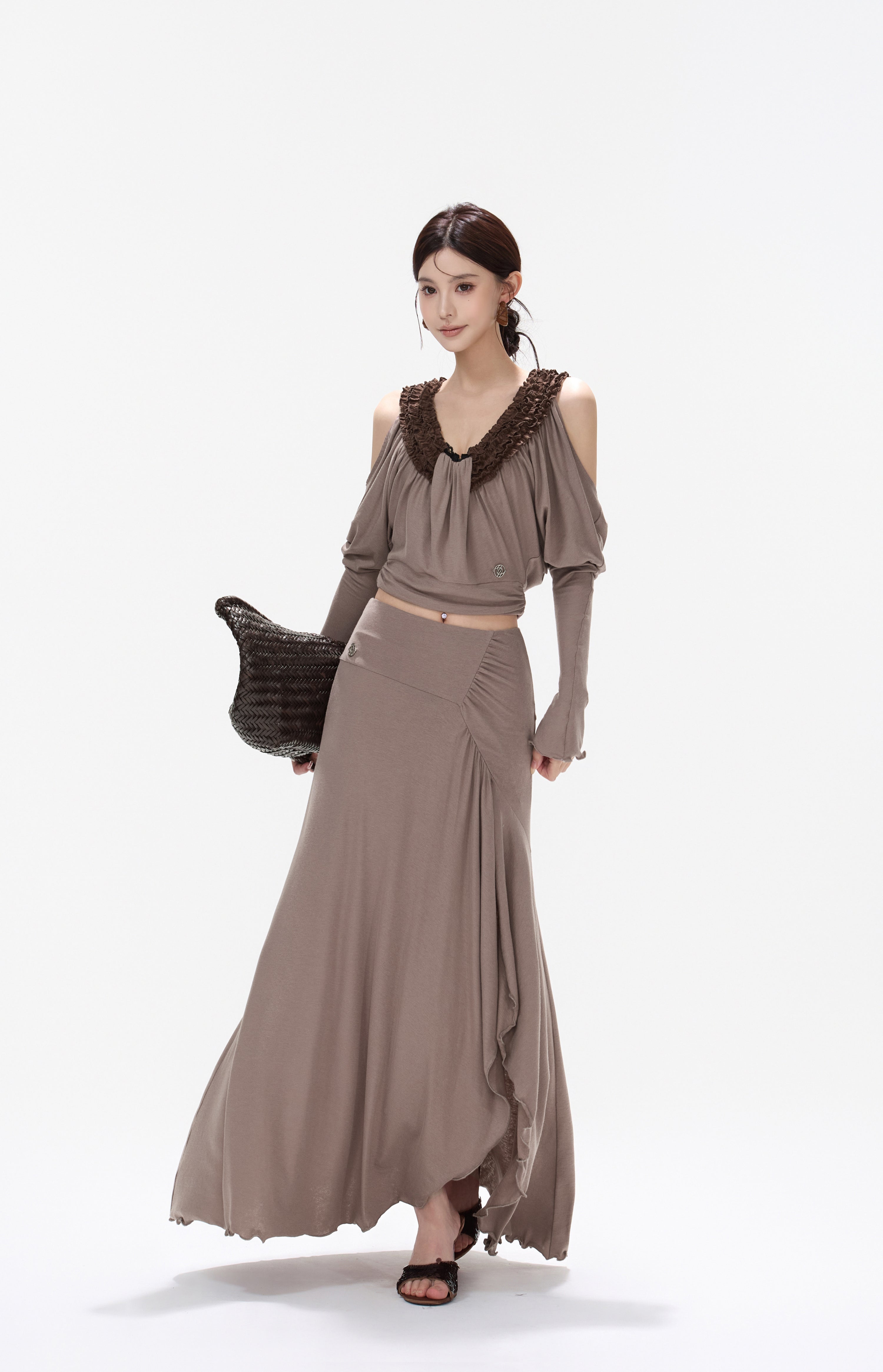 CYNR CY260431TTK Tencel wool lace U-neck off shoulder top + skirt