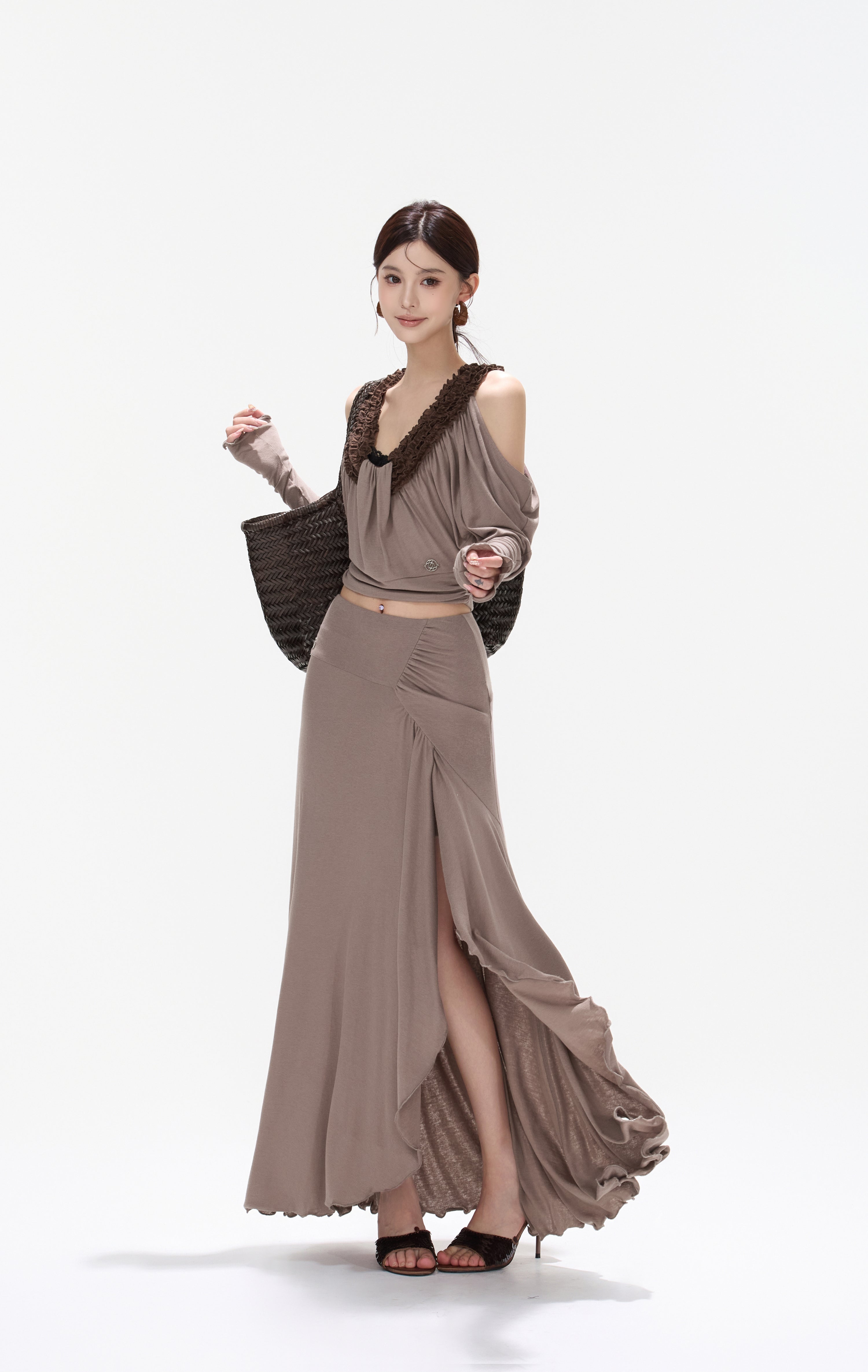 CYNR CY260431TTK Tencel wool lace U-neck off shoulder top + skirt