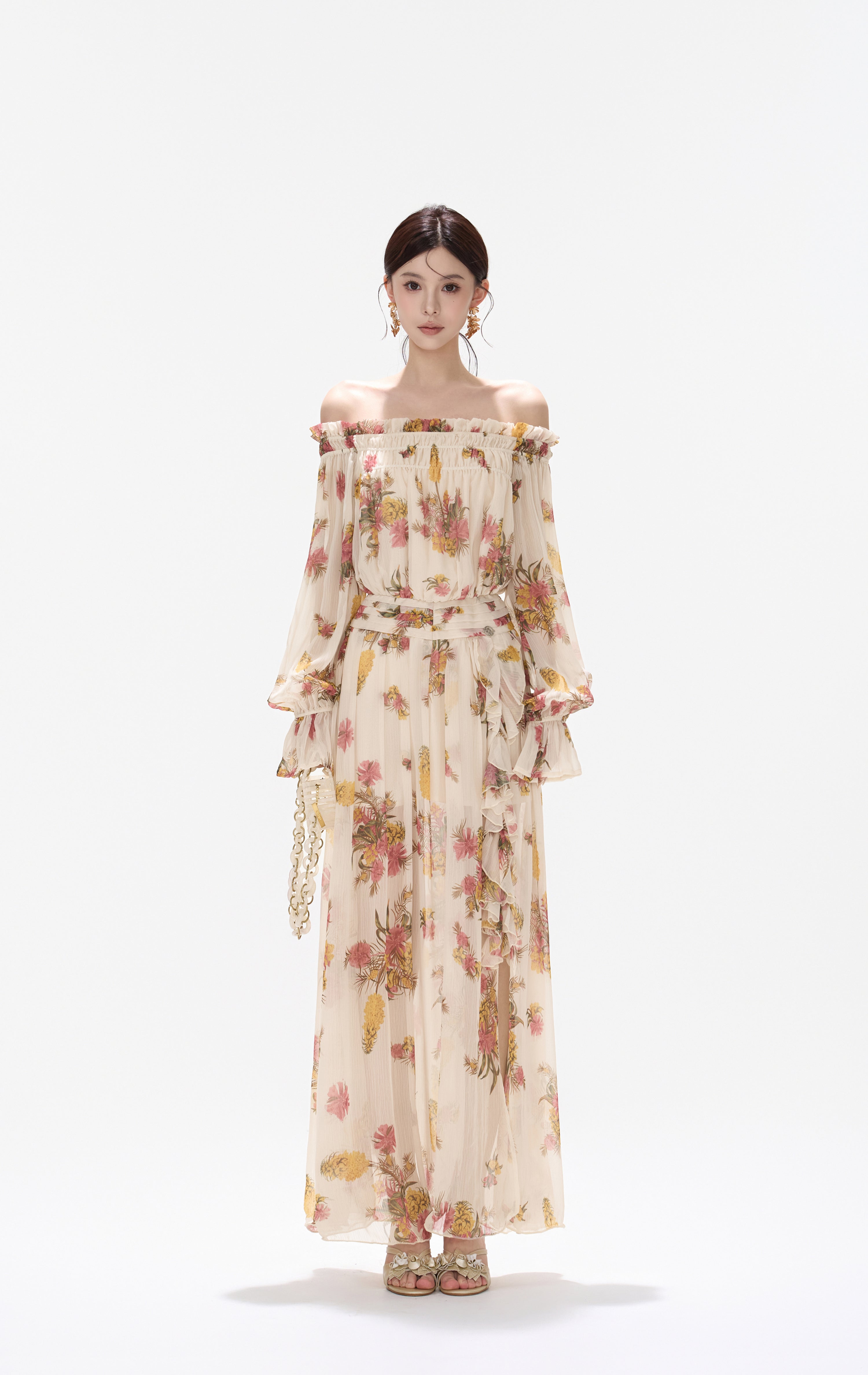 CYNR CY260432HLY Plant printed chiffon off shoulder dress