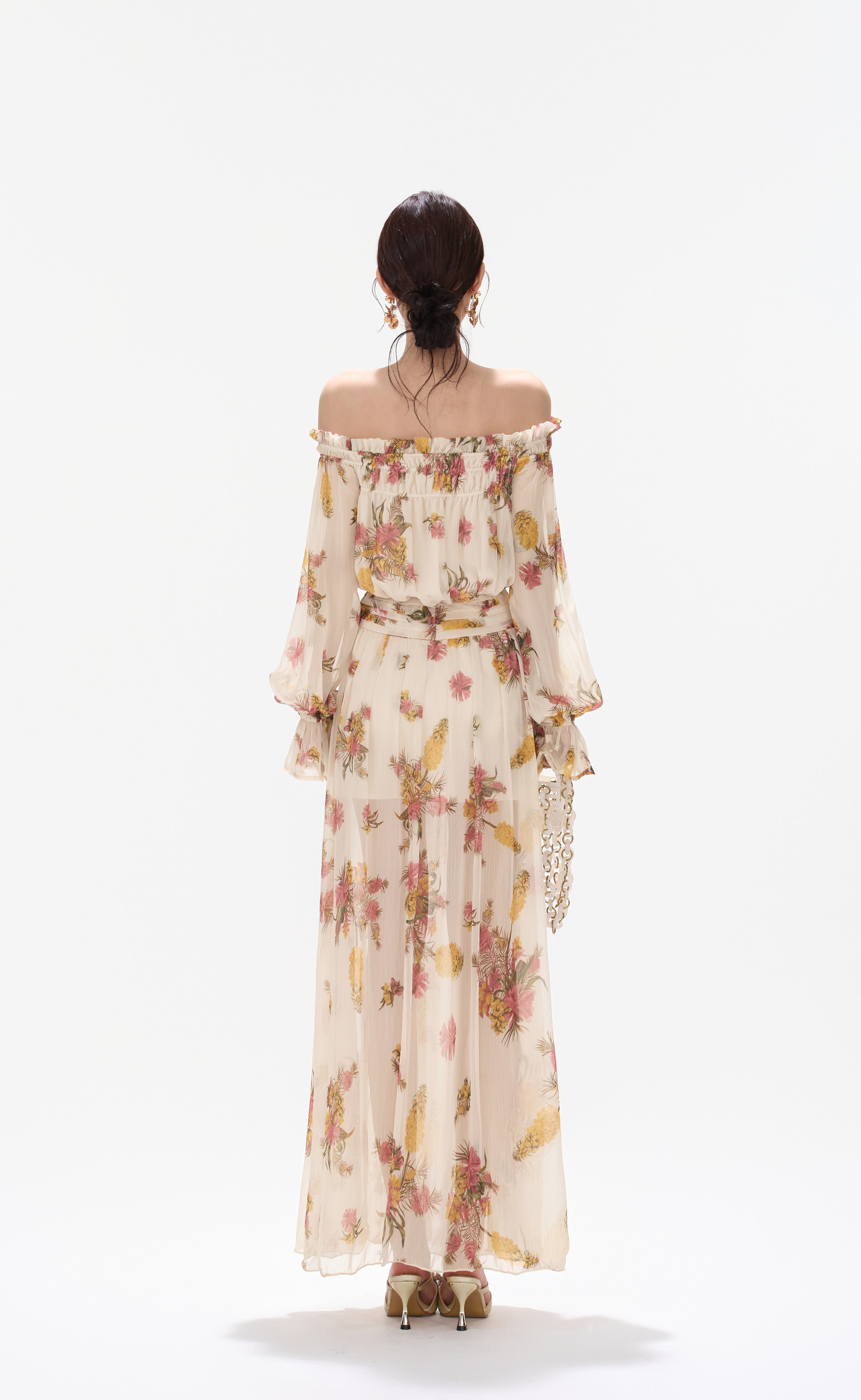 CYNR CY260432HLY Plant printed chiffon off shoulder dress