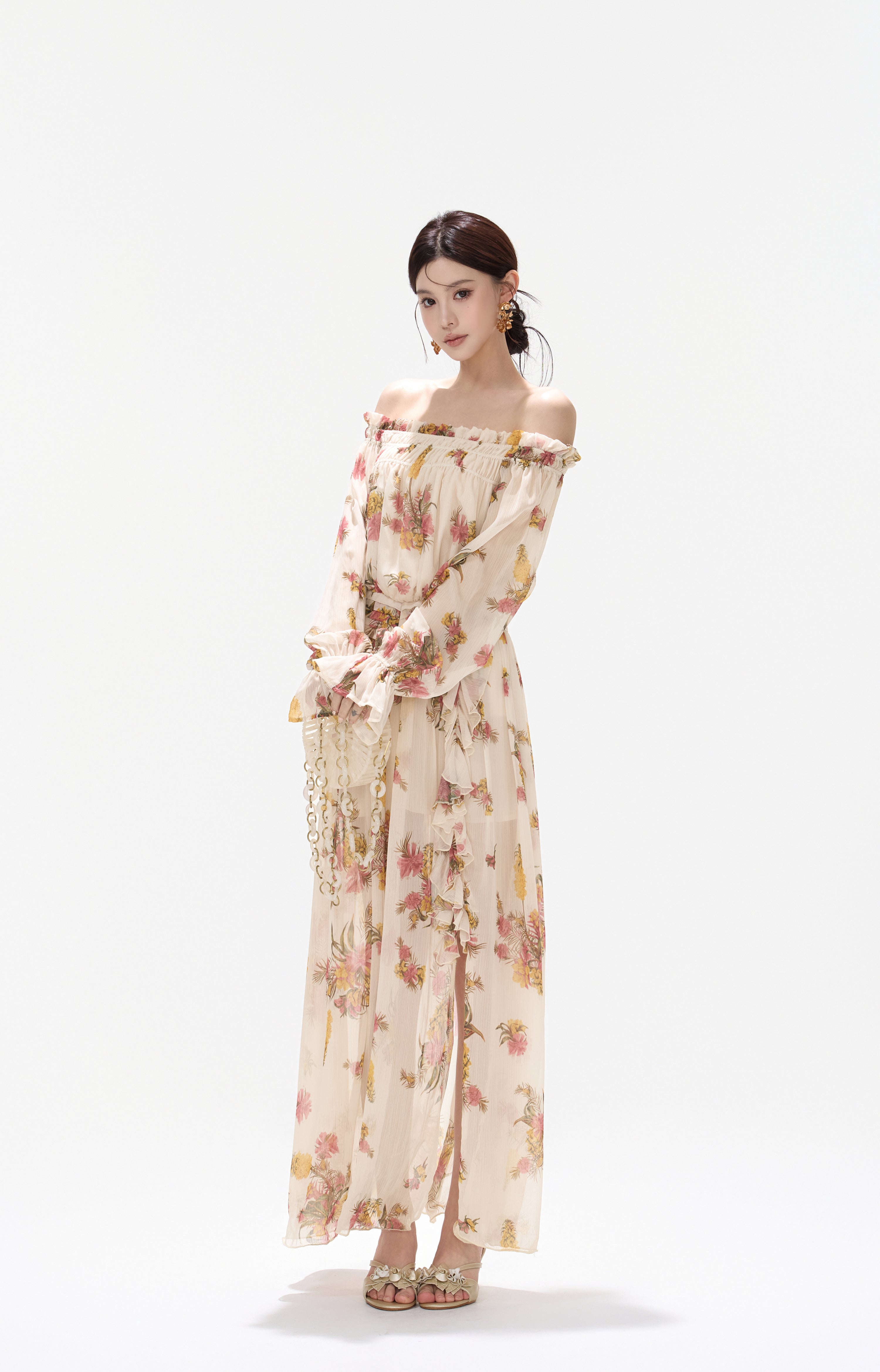 CYNR CY260432HLY Plant printed chiffon off shoulder dress