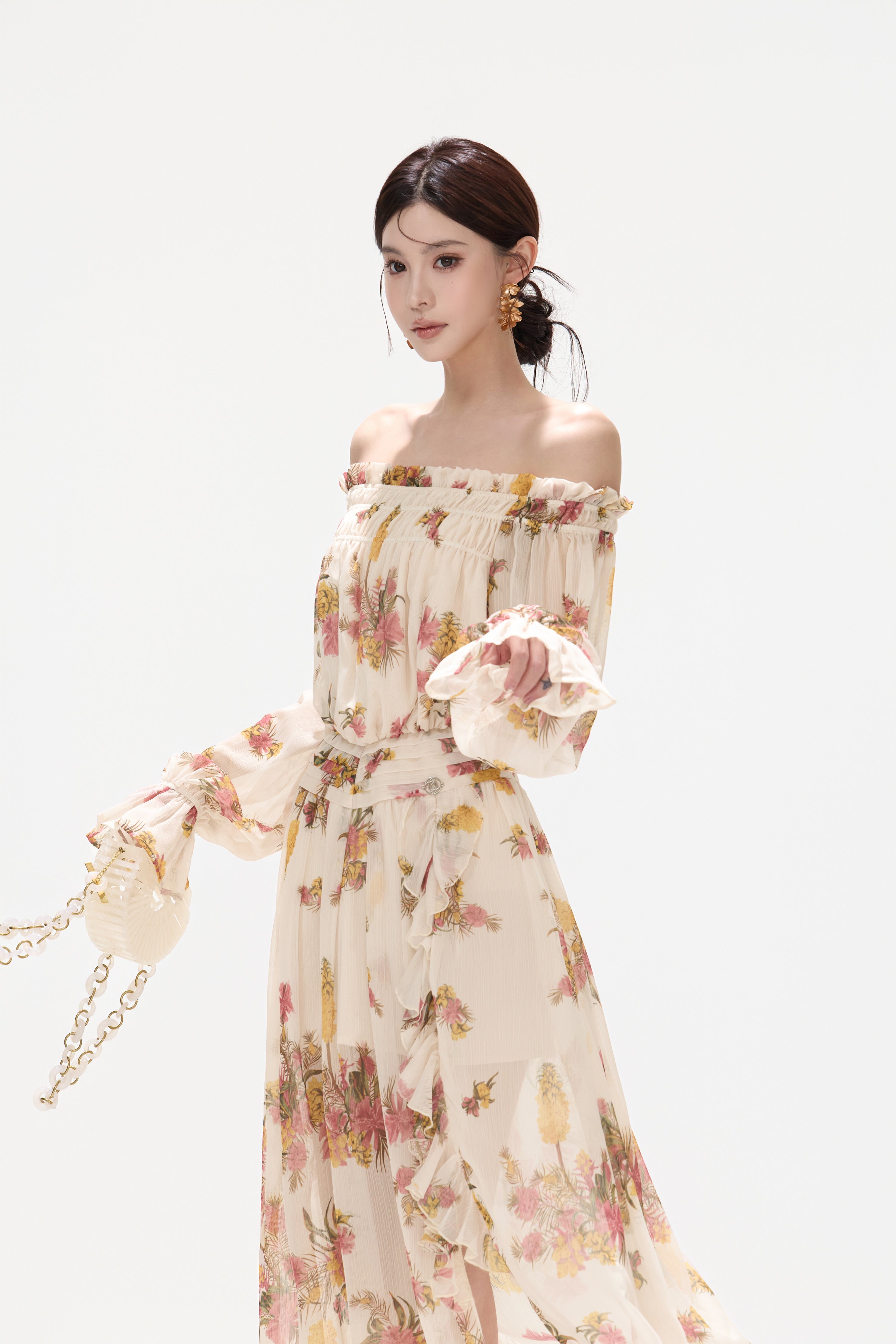 CYNR CY260432HLY Plant printed chiffon off shoulder dress